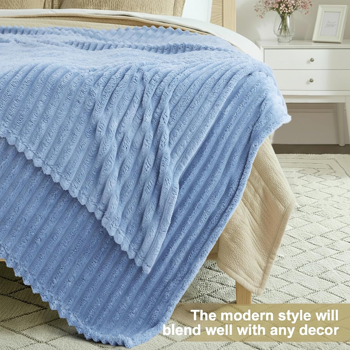 decorUhome Christmas Soft Fleece Blue Grey Twin Blanket for Bed, Cozy Fluffy Plush Flannel Striped Throws for Couch Sofa, Lightweight Decorative Ribbed Fuzzy Blanket for Woman, 60x80 Inches