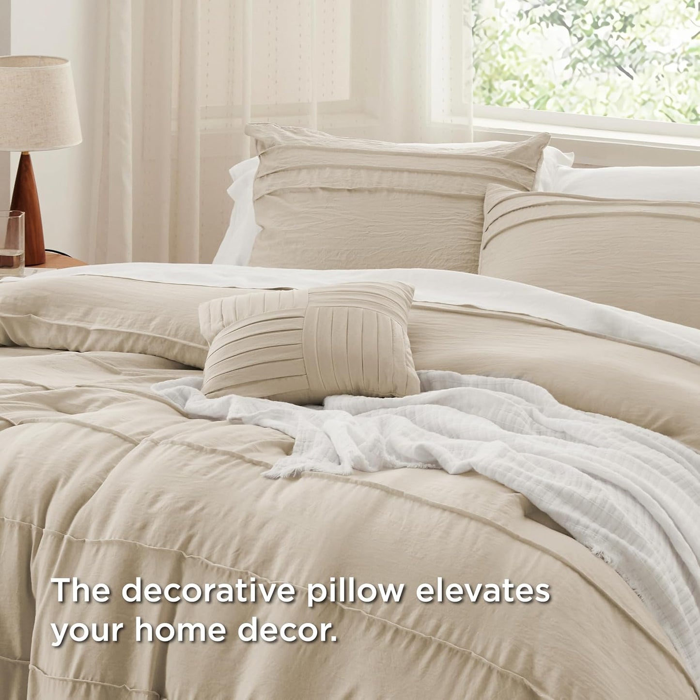 Bedsure Full Comforter Set - 4 Pieces Pinch Pleat Bed Set, Linen Boho Bedding for All Season, 1 Soft Comforter, 2 Pillowcases, 1 Decorative Pillow