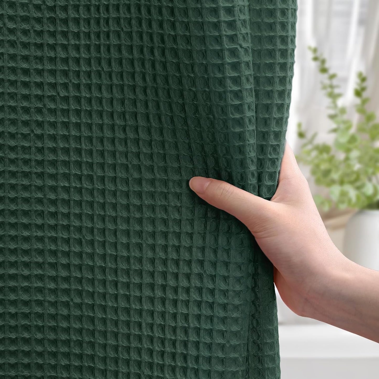 Extra Long Waffle Shower Curtain - Dark Green Cotton Texture Fabric Heavyweight Shower Curtain for Bathroom,72Wx84L