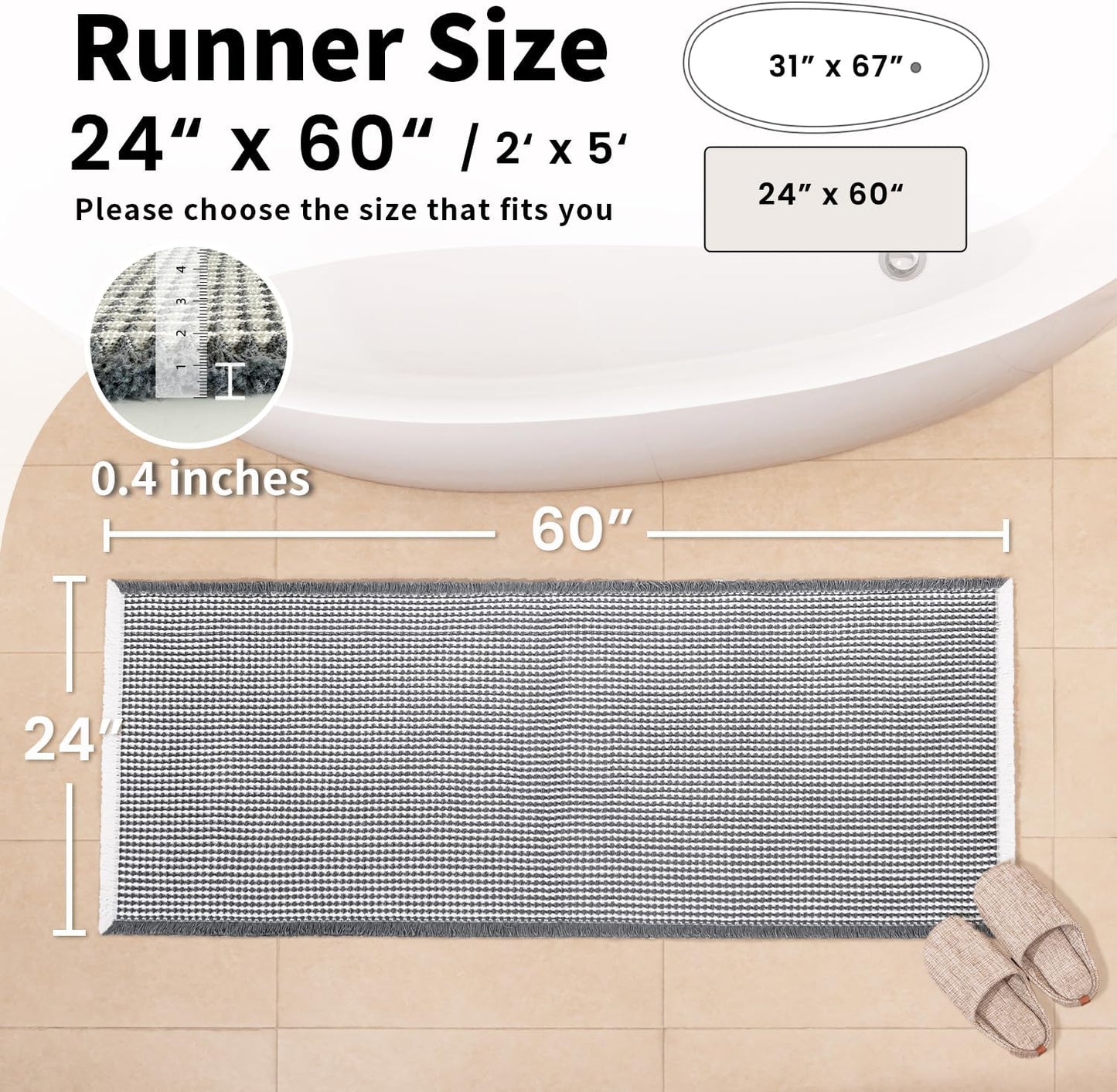 Waffle Runner Bath Mat - Long Boho Bathroom Rugs Non Slip Washable, Super Absorbent & Quick Dry, Soft Bath Mat Farmhouse Bathroom Decor, 24'' x 60'', Dark Grey and White