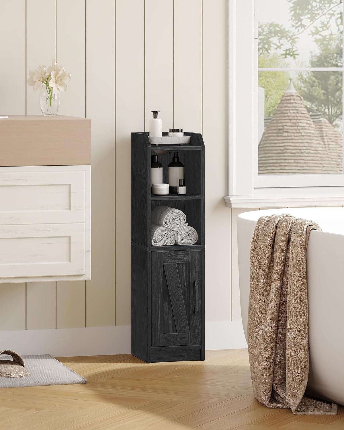 Bathroom Storage Cabinet, Small Farmhouse Corner Floor Cabinet with Door and Shelves, Narrow Toilet Paper Holder Stand, Bathroom Organizer with Adjustable Shelf, for Small Spaces, Black