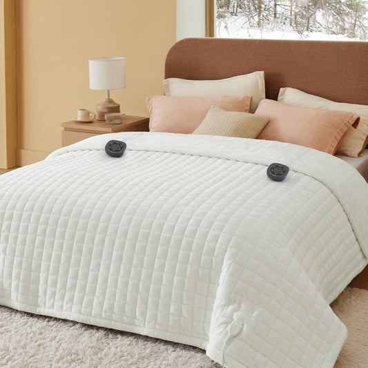 Bedsure Electric Blanket King Size - Quilted Winter Bedding of Thick Flannel, Dual Control Heated Blanket with 10 Heat & 10 Time Settings, Fast Heating for Cold Sleepers (100x90 inches, Ivory)