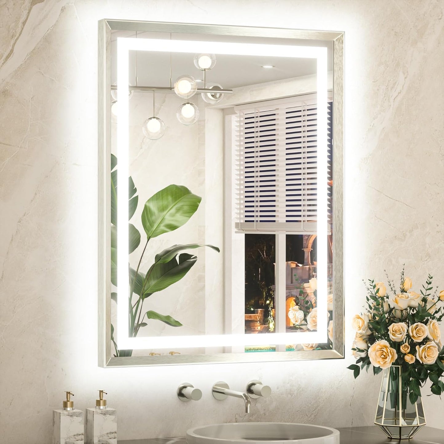 TETOTE 28 x 36 Bathroom LED Mirror Brushed Bright Nickel Metal Frame Frontlit & Backlit Vanity Mirror Anti-Fog Stepless Dimmable 3 Colors White/Warm/Natural Mirror with Lights Wall-Mounted