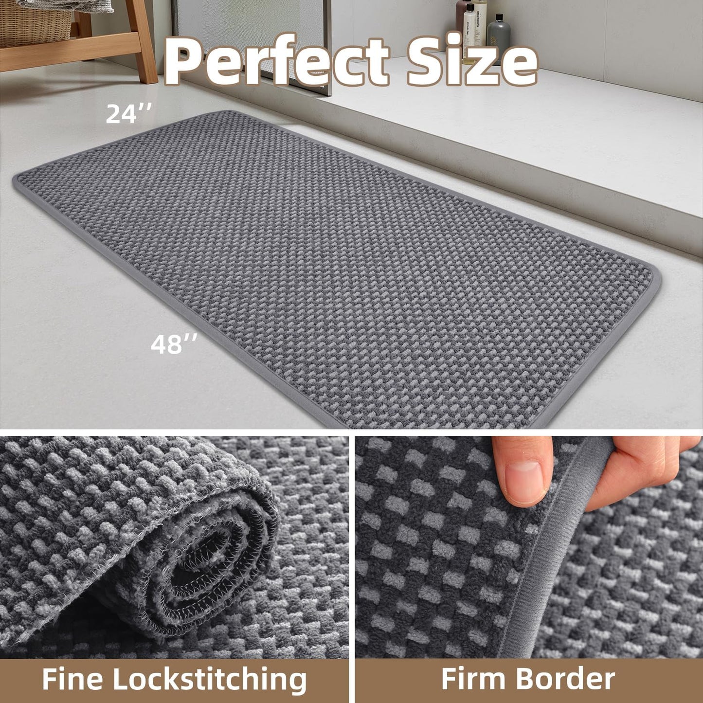 PADOOR-Bath Mat Runner-Super Absorbent Chenille Bathroom Mats-Rubber Backed Bath Mats for Bathroom Non Slip, Easy Clean Bathroom Runner Rugs Front of Bathtub,Shower Room,Sink-24×48
