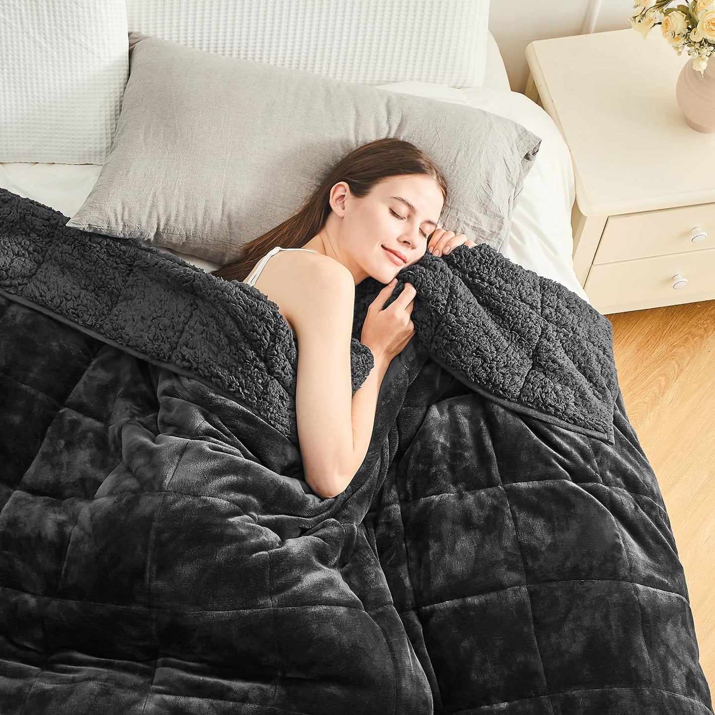 Cottonblue Sherpa Fleece Weighted Blanket 12lbs for Twin/Full Bed, Plush Bed Weighted Throw Blankets for Deep Sleep and Relaxation, Heavy Calm Blankets with Cemaric Beads, 48x72 Inches, Black