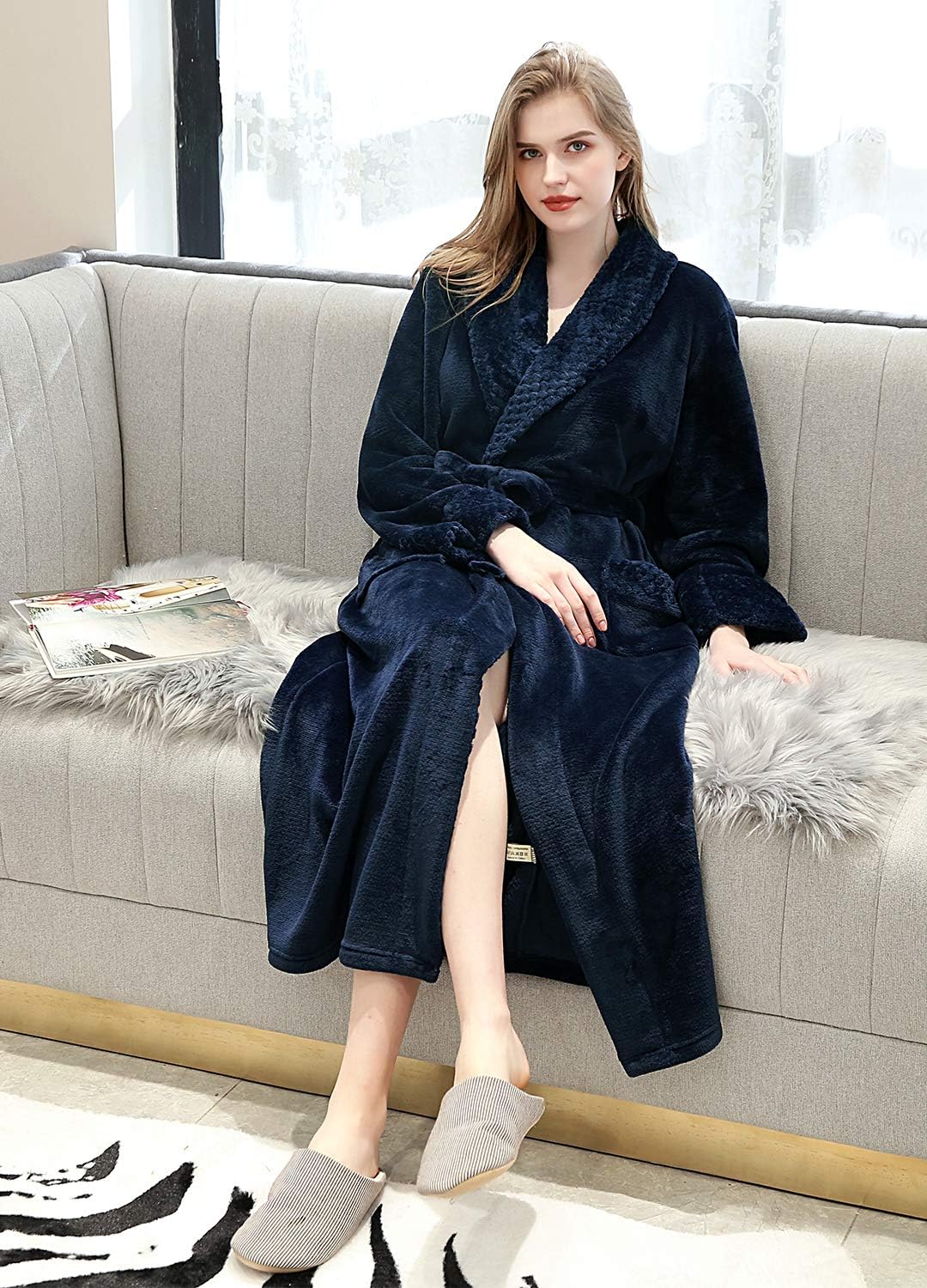 Artfasion Womens Long Fleece Robe - Warm Soft Floor Length Flannel Bathrobes for Winter Thicker Long House Coat with Pockets