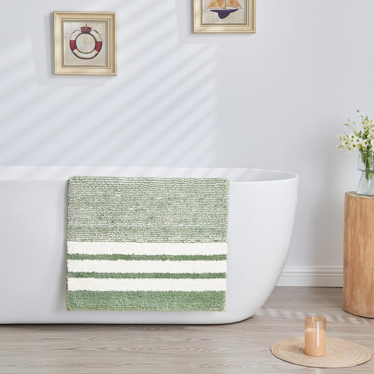 CozeCube Bath mats for Bathroom Non Slip, Fluffy Absorbent Microfiber Bath mat Washable, Aesthetic Bathroom Rugs, Small Sage Green Striped Bath mat, Sage Green, 24" x 16"