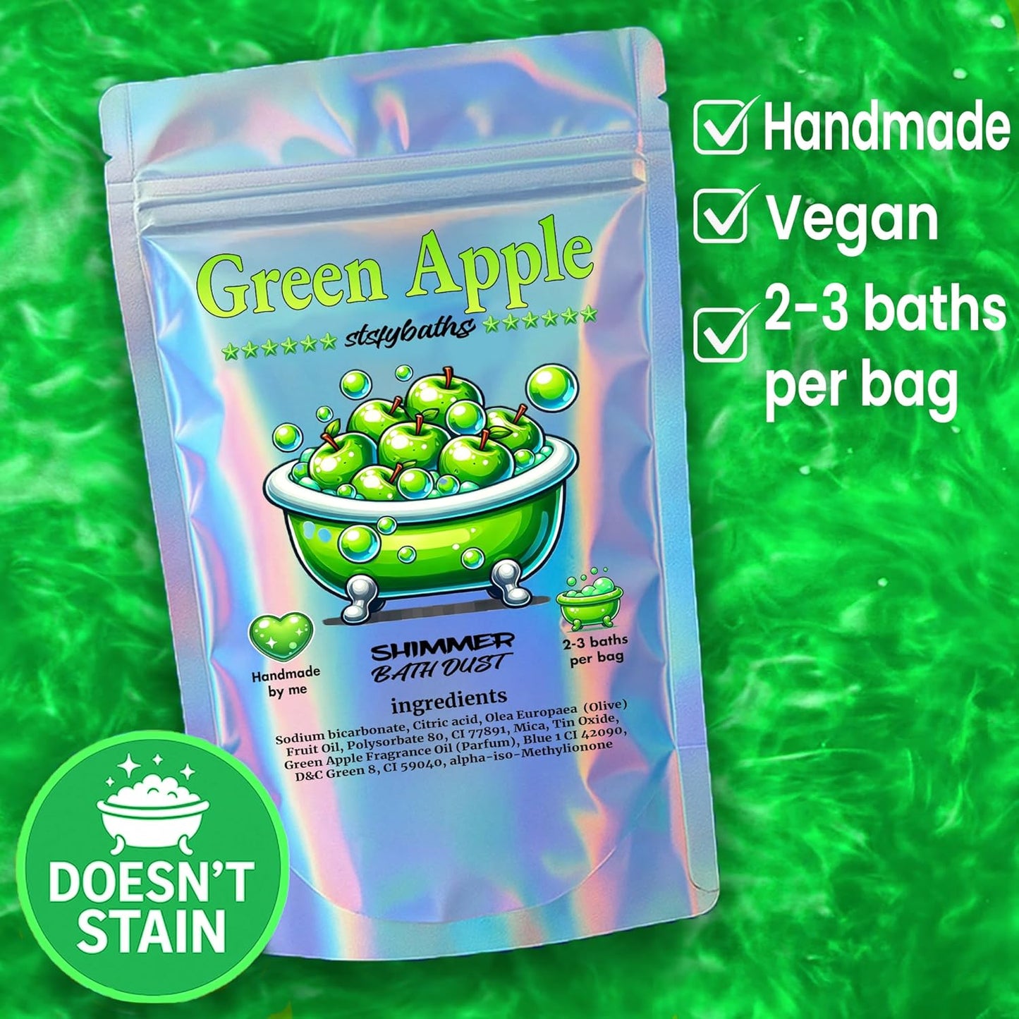 Green Apple Shimmer Bath Bomb in A Bag - Handmade Scented Bath Bombs for Women,Kids and Men - Bulk Bathbomb Fizzies Perfect for Boys and Girls All Ages (Small, Green)