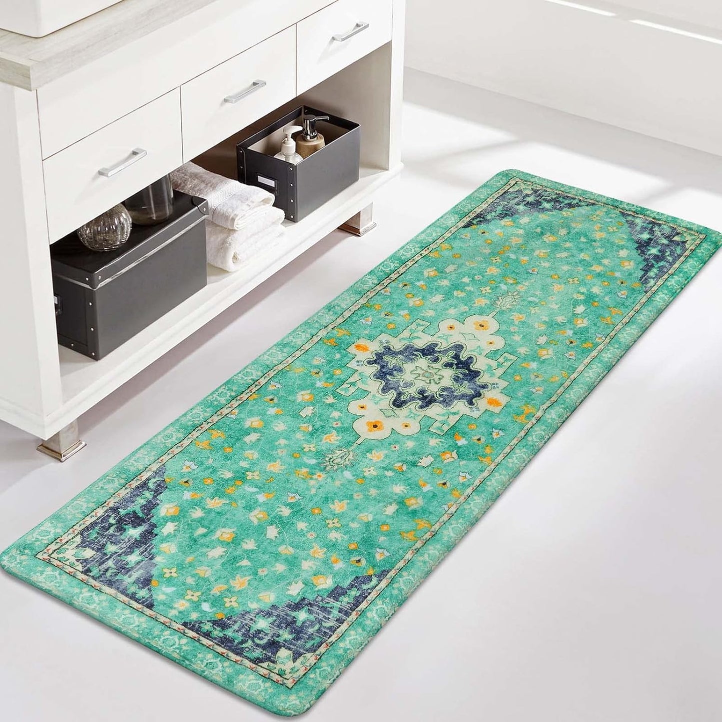 Uphome Retro Long Boho Rug Green Non-Slip Soft Bathroom Rug Runner Machine Washable Oriental Bathroom Mats Traditional Farmhouse Floral Bath Rug for Shower Tub Vanity, 20x59 inch