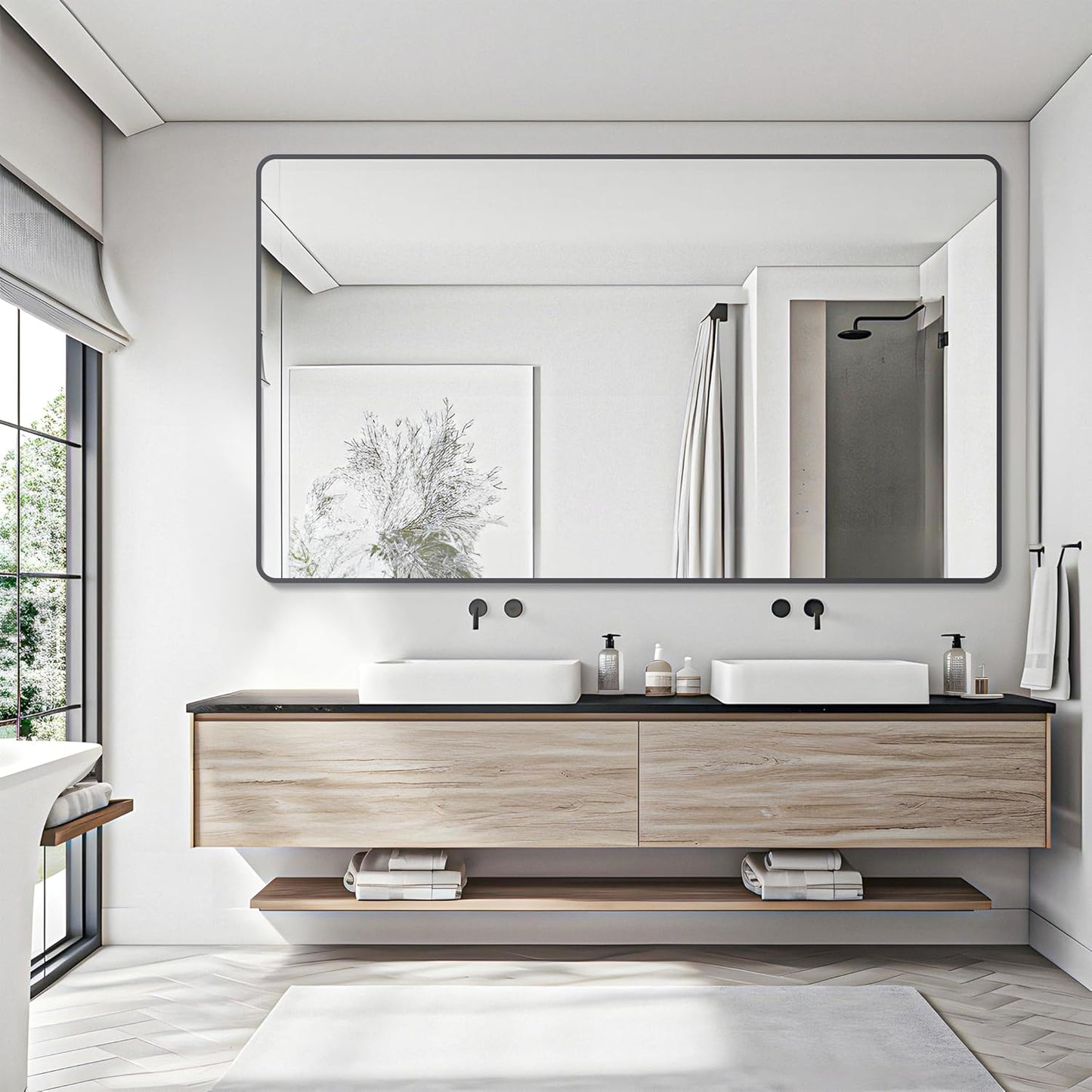 30" x 55"Bathroom Mirror, Matte Black Wall Mirror with Metal Frame, Decorative Rectangular Vanity Mirror for Bedroom Bathroom Living Room Entryway (Horizontal/Vertical)