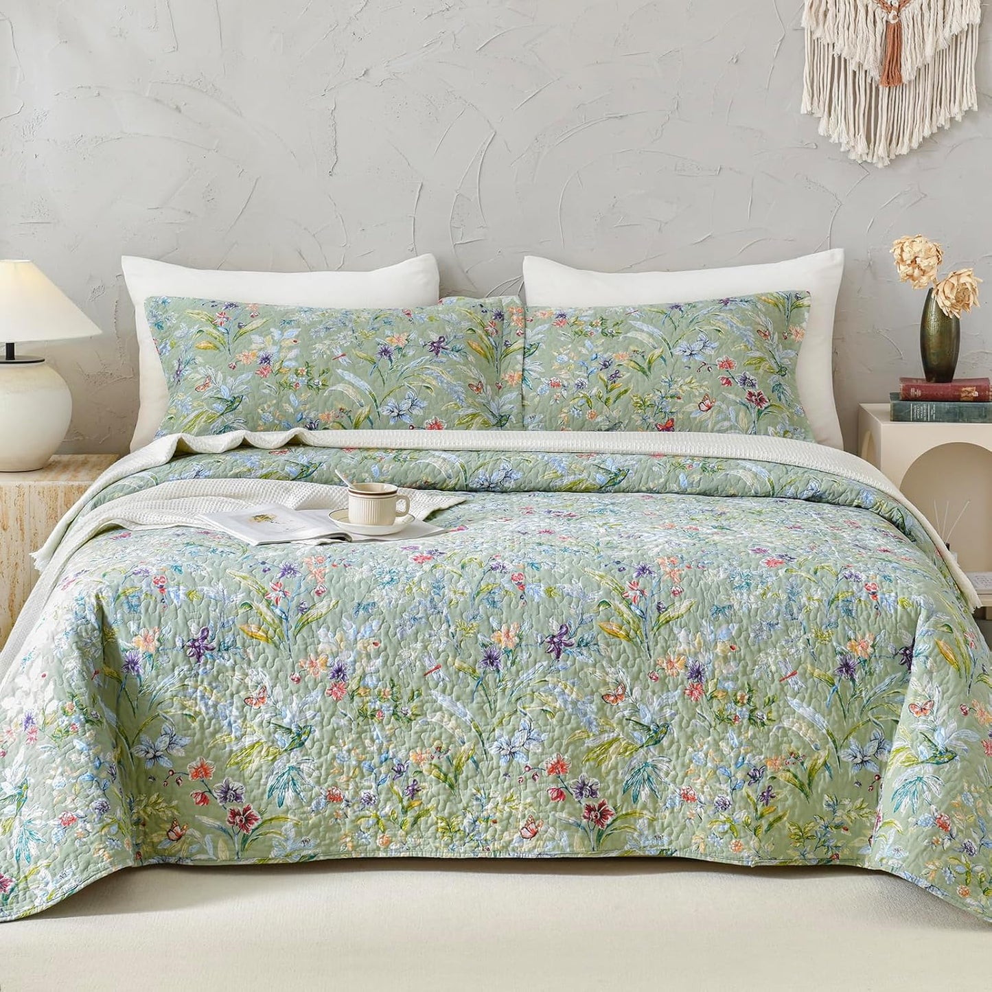 Lady Ann 100% Cotton Floral Cal King Quilt Set - Green Flower Bird Butterfly Pattern Print Quilted 118x106 Bedspread & Coverlet Set, 3 PCS Lightweight Extra Soft Queen Bedding Sets All Season