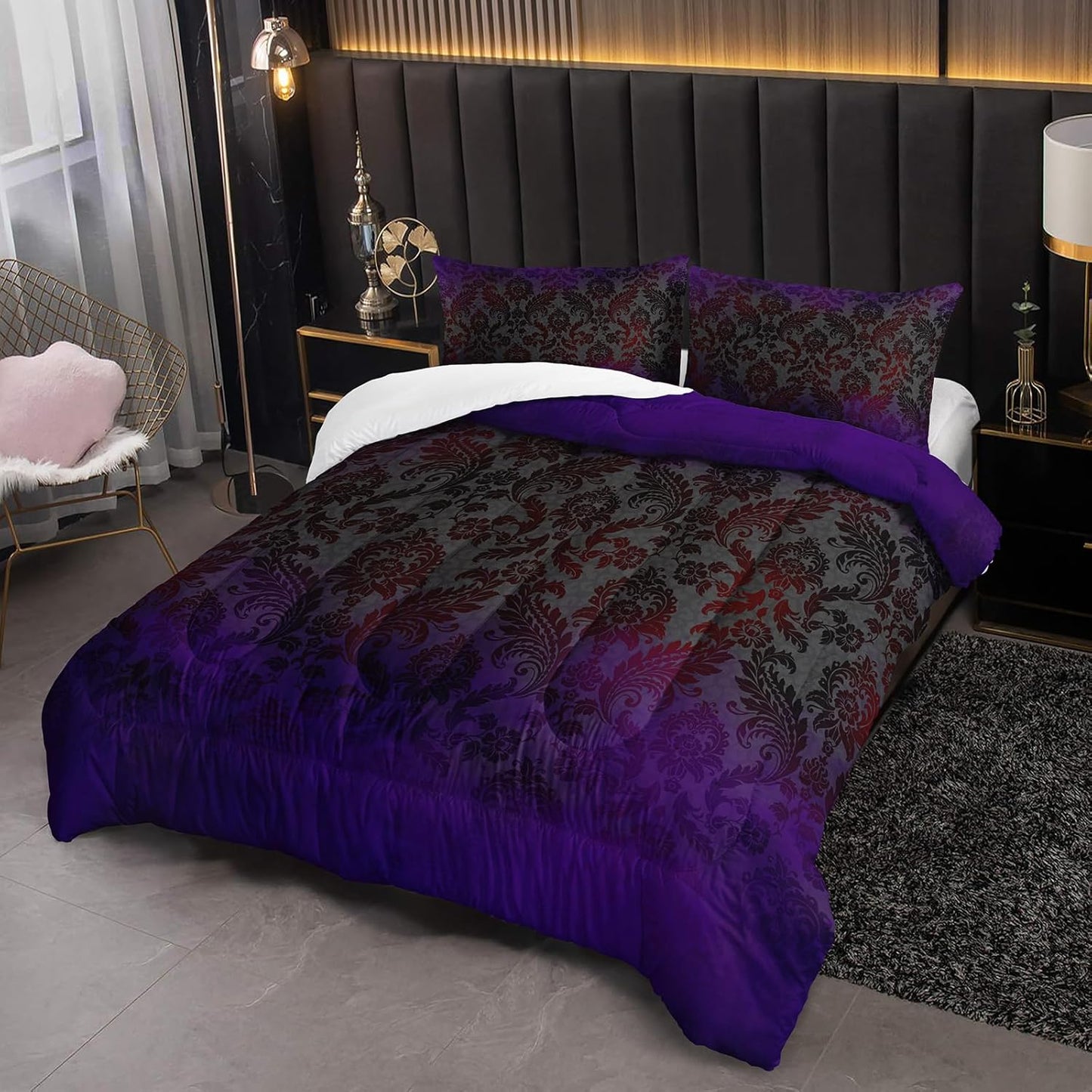 Black Purple Paisley Floral Victorian Gothic Comforter Set Queen，Gothic Bedding Set Queen Purple，with 1 Comforter with 2 Pillow Case，Halloween Room Decor for Bedroom