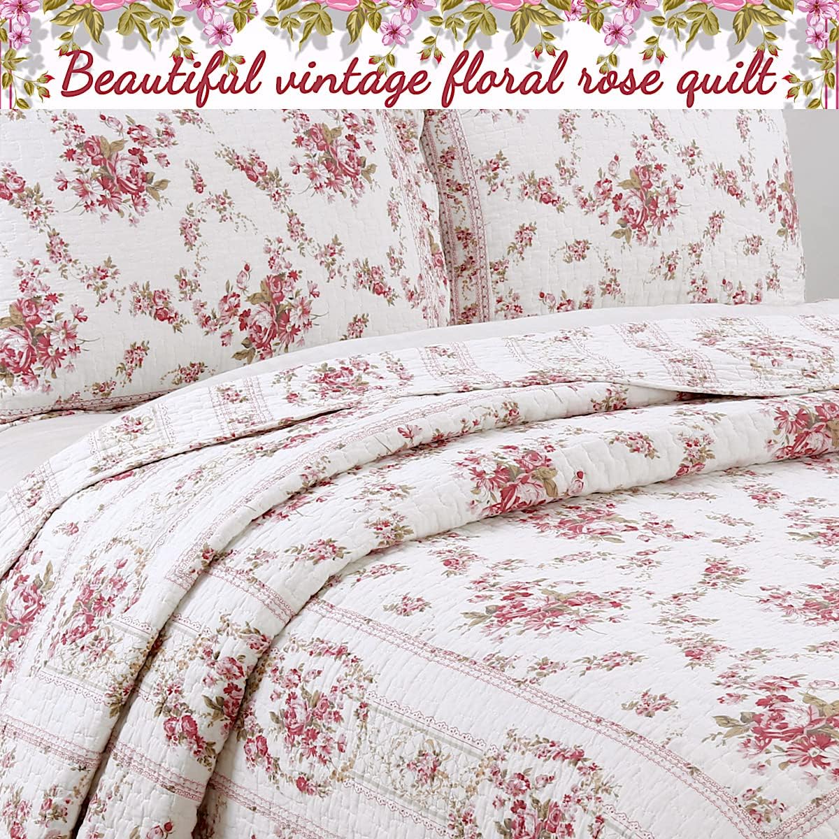 Cozy Line Home Fashions 100% Cotton Quilt Bedding Set, Pink Floral Reversible Coverlet Bedspread (Vintage Rose, Twin - 2 Piece)