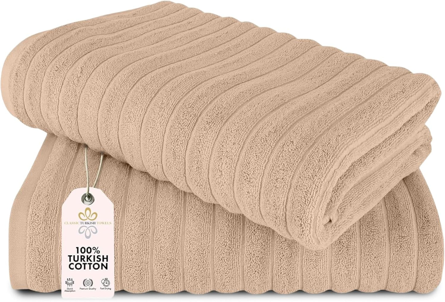 Classic Turkish Towels CTT - Premium 2 Piece Jumbo Bath Sheets, 100% Turkish Cotton, Absorbent & Ultra Comfy Bath Towel Sheets for Hotels & Spa | 40"x65" (Almond Beige)