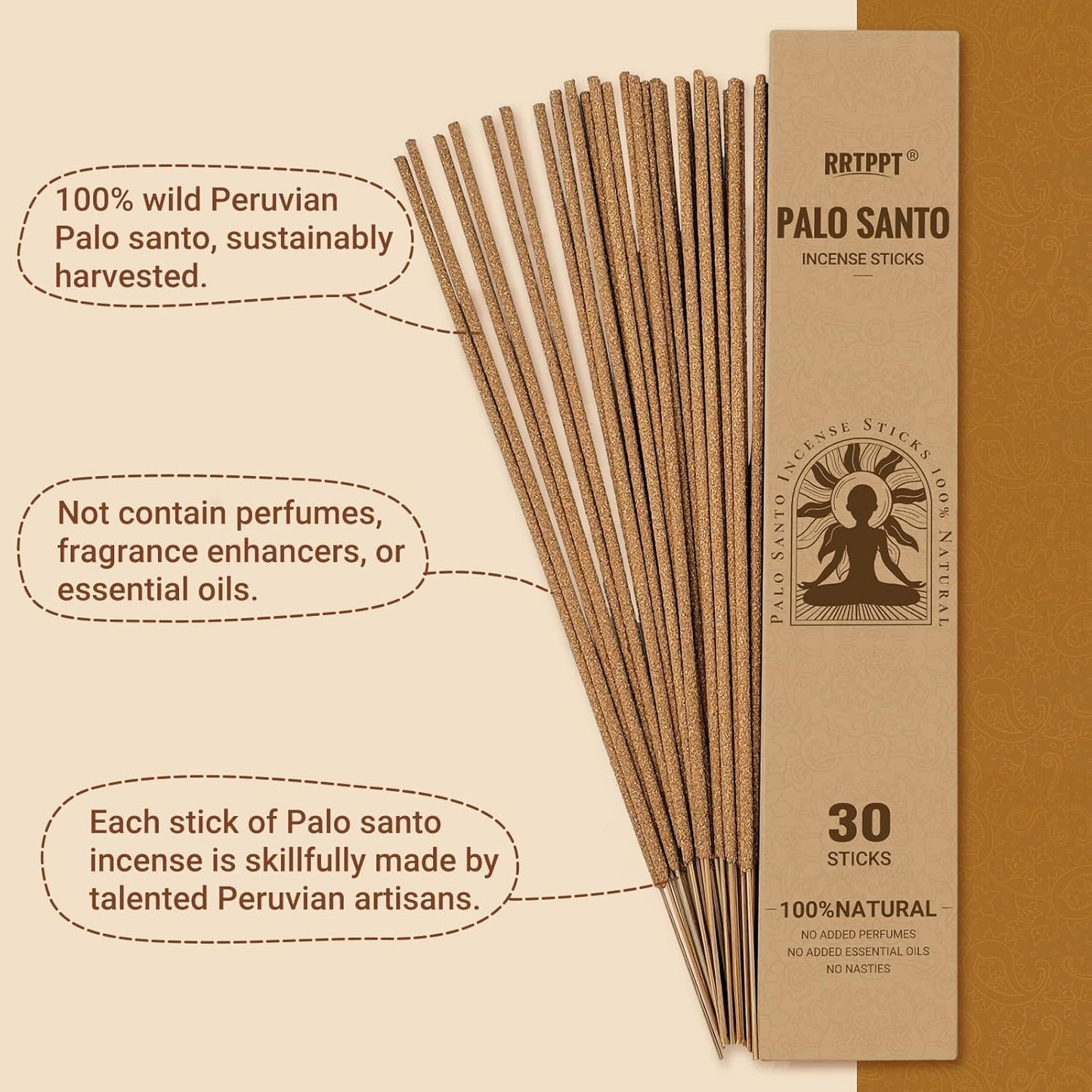 Palo Santo Incense Sticks, 100% Natural sustainably harvested Peruvian Palo Santo, Suitable for Meditation, Relaxation, and Spiritual Purification. (60 Palo Santo Sticks)