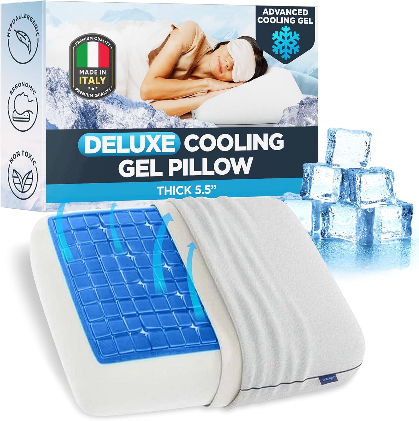 Technogel Deluxe Cooling Gel Pillow - Patented Cooling Technology, Odorless Memory Foam – Breatable Ergonomic Support for Side & Back Sleepers with Washable Cover, 5.5" (Thick)