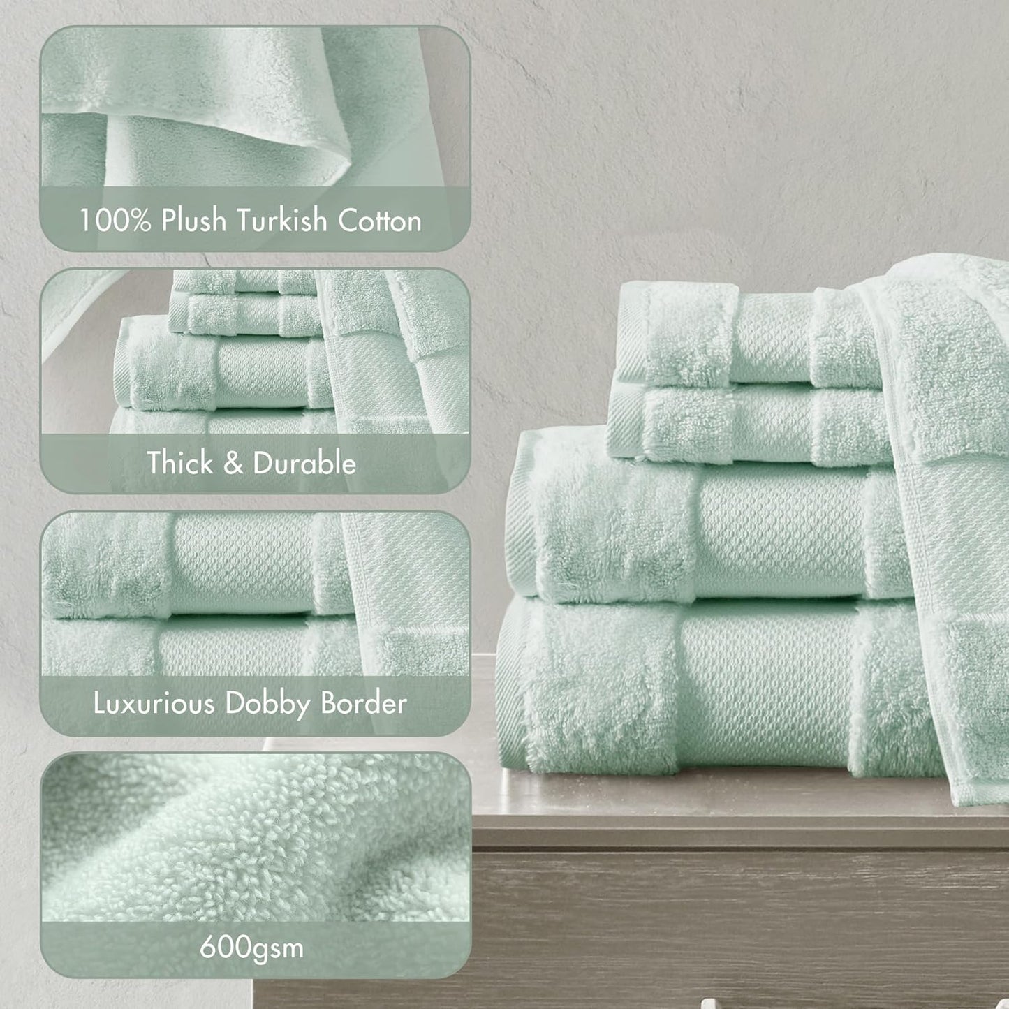 Madison Park Turkish 100% Cotton 600Gsm Luxury Premium Thick Soft Absorbent Hotel Bathroom Towel Set Shower Hand Face Washcloths, Assorted Sizes, Seafoam 6 Piece