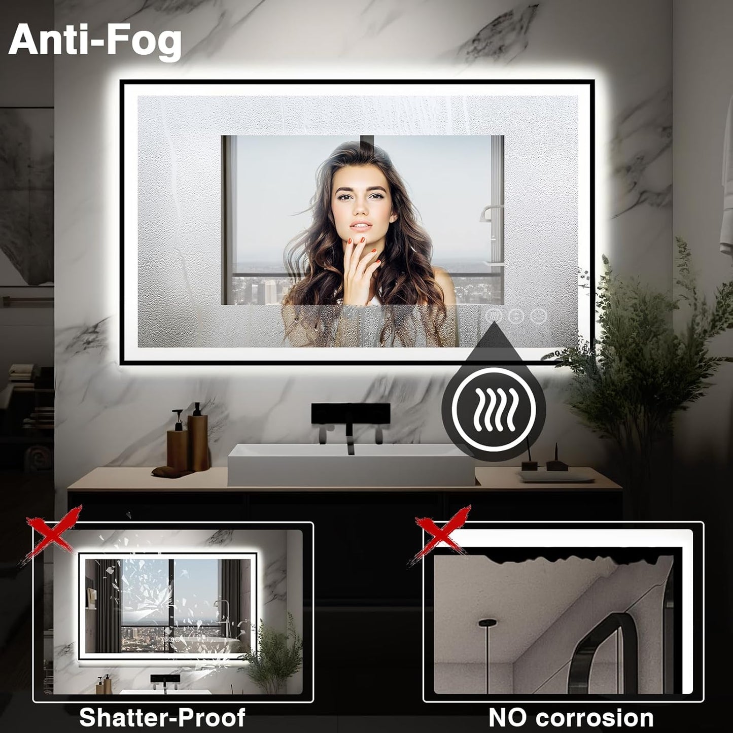 48x30 LED Bathroom Mirror - Black Aluminum Framed, Anti-Fog Lighted Vanity Mirror, Stepless Dimmable, 3 Colors Smart Mirror