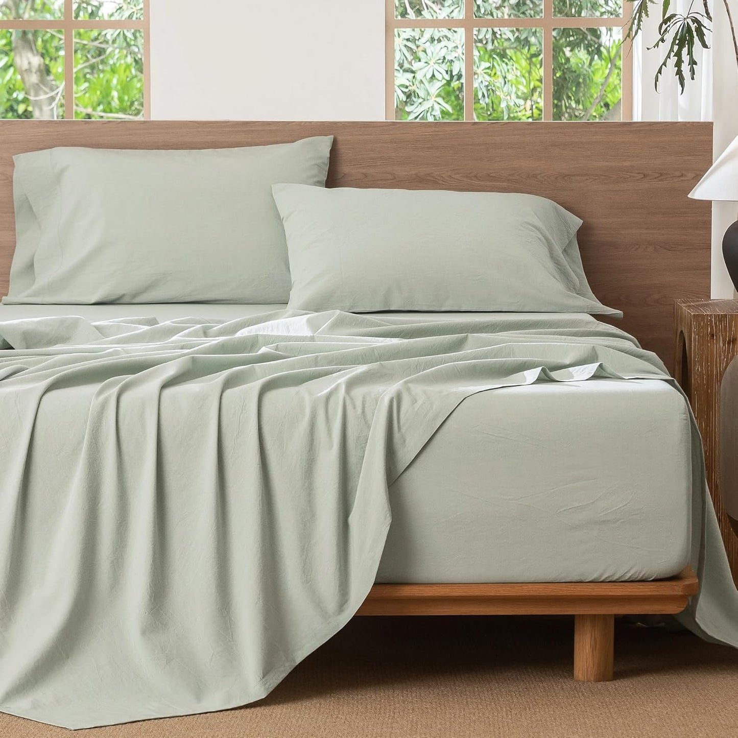 MooMee Bedding Sheet Set 100% Washed Cotton Linen Like Textured Breathable Durable Soft Comfy (Heathered Sage Green, California King)