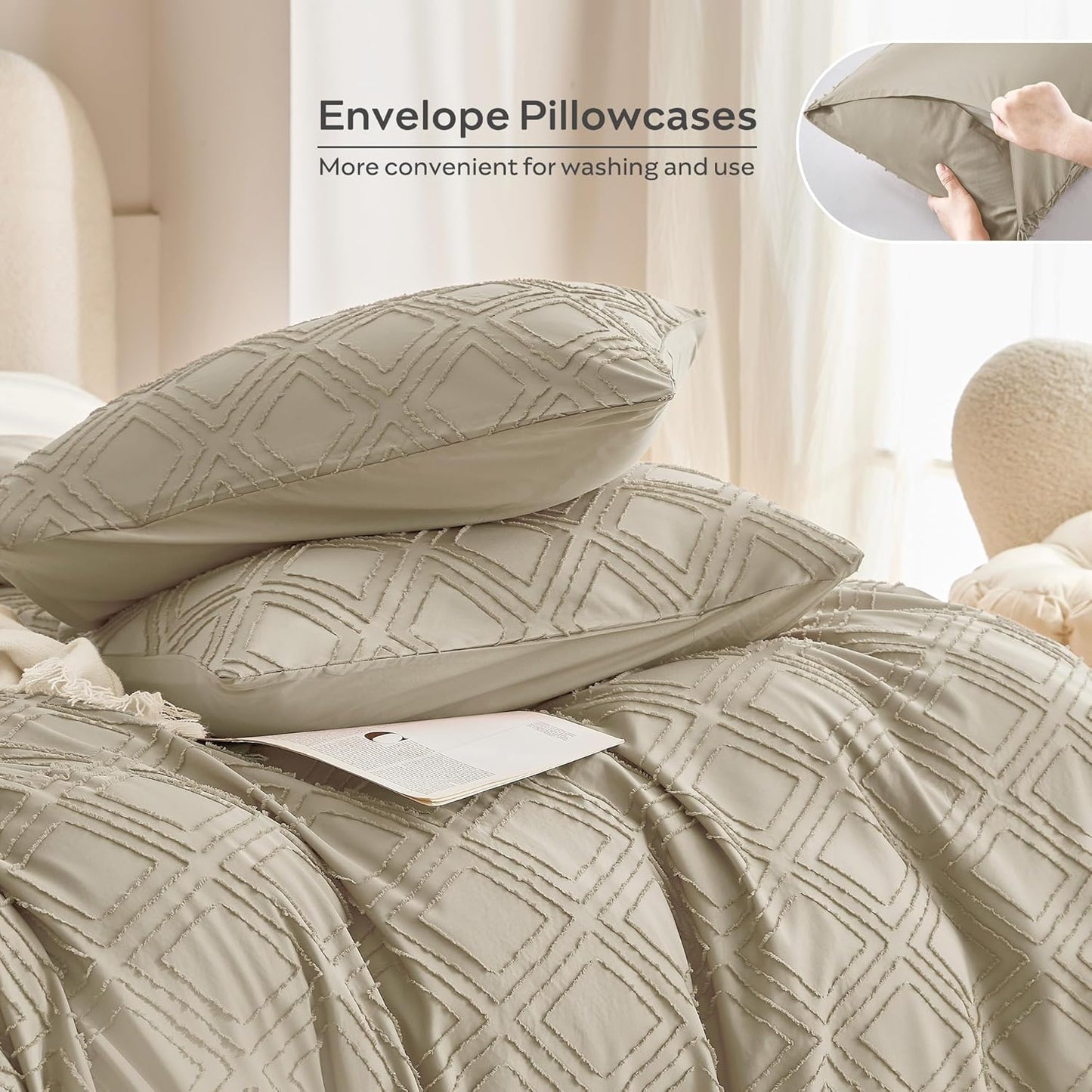 JELLYMONI Duvet Cover Queen Size Khaki - 3PCS Boho Duvet Cover Set Plaid Polyester Tufted Bohemian Jacquard Knit Textured Comforter Cover 90×90in Rhombic Geometric Pattern Zipper Corner Tie