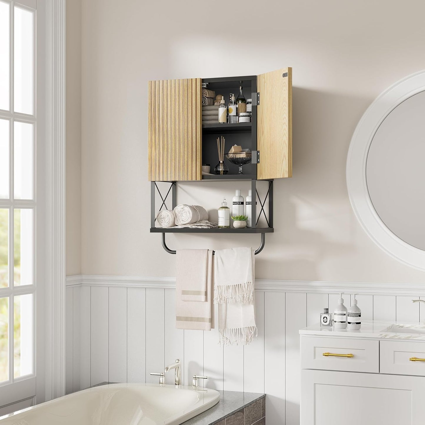 Bathroom Wall Medicine Cabinet, Fluted Hanging Bathroom Wall Mounted Cabinet with Towel Bar, Above Toilet Storage Cabinet for Bathroom Organizers and Storage, Black
