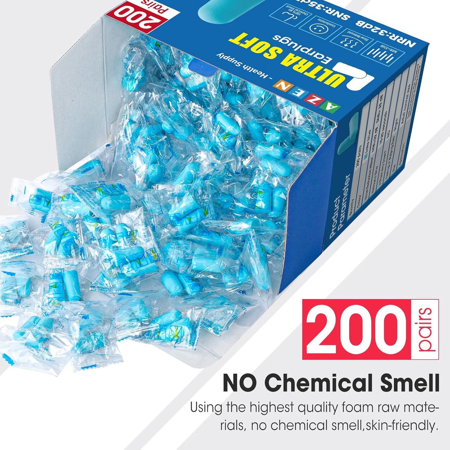 AZEN 200 Pairs Ear Plugs, NRR 32dB Soft Foam Ear Plugs for Sleeping Noise Cancelling, Earplugs for Concerts Shooting Swimming Noise Reduction (Lake Blue)