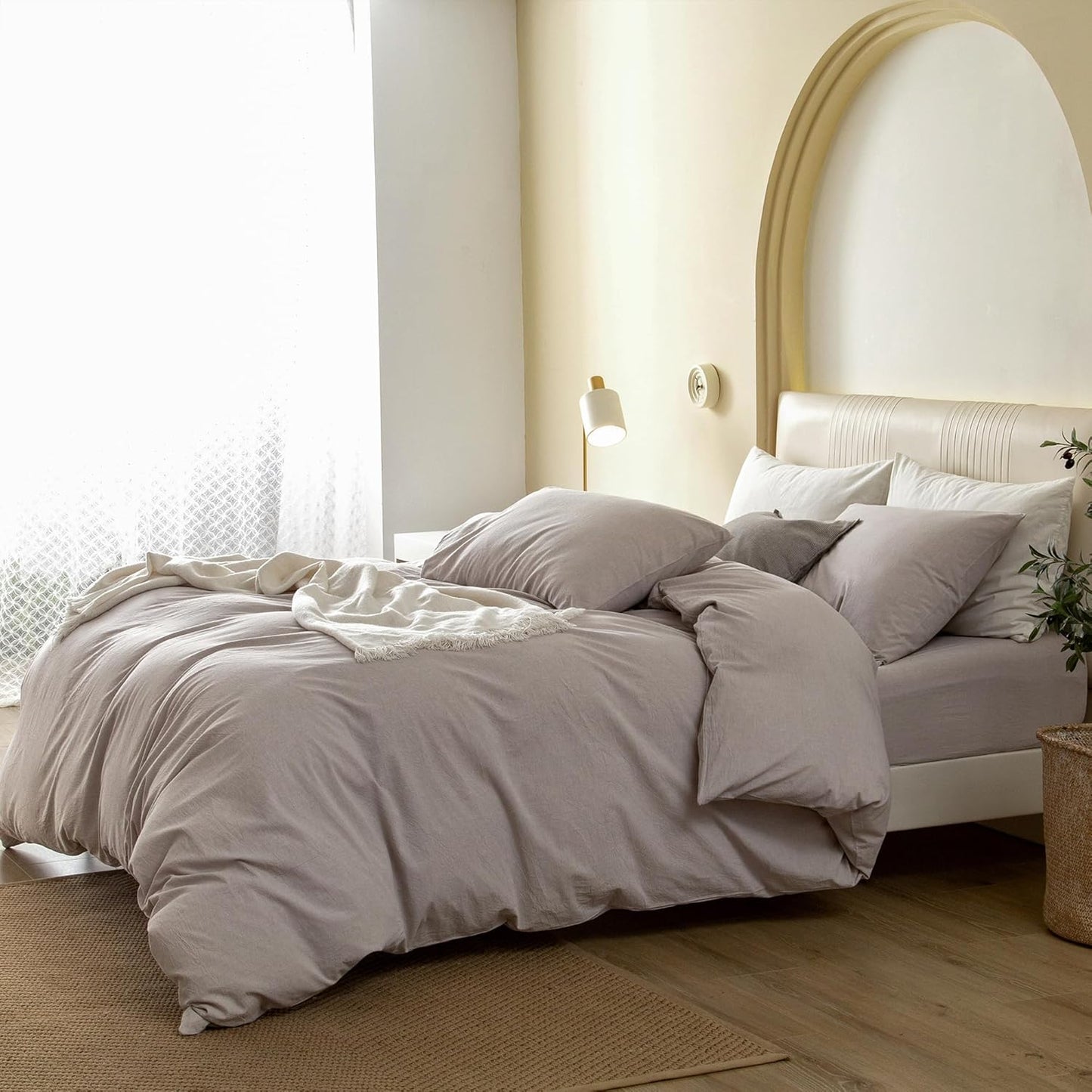 JIYUAN 100% Washed Cotton Duvet Cover Set 3 Pieces Oversized King, 1 Duvet Cover 120x98 Inches(Comforter Not Included) and 2 Pillowcases,Linen Feel Bedding Set Comfy and Breathable, Heathered Linen