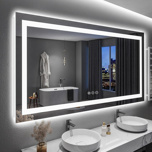 60x36 Inch LED Bathroom Mirror with Lights Front and Backlit Lighted Vanity Mirror for Bathroom Wall with 3 Colors Dimmable Anti-Fog Memory Shatter-Proof IP54 Waterproof Horizontal/Vertical
