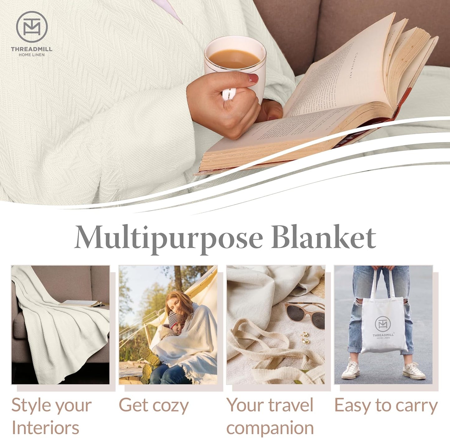 Threadmill Luxury Cotton Blankets for King Size Bed | All-Season Cozy 100% Cotton King Size Blanket | Herringbone Soft Fall Thermal Blanket fits Cal King Size Bed | Tusk White