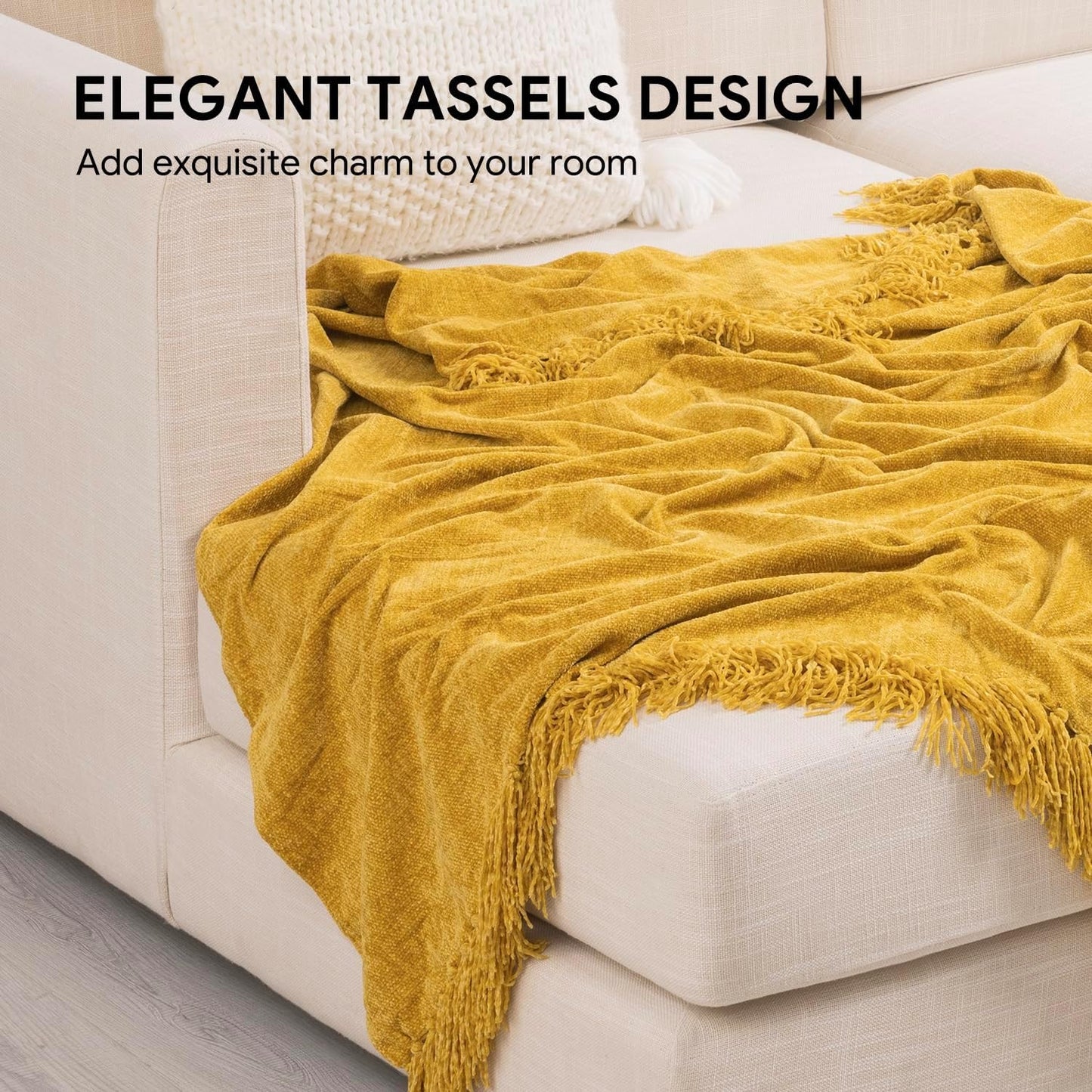 RECYCO Throw Blanket Soft Cozy Chenille Throw Blanket with Fringe Tassel for Couch Sofa Chair Bed Living Room Gift (Mustard Yellow, 60'' x 80'')