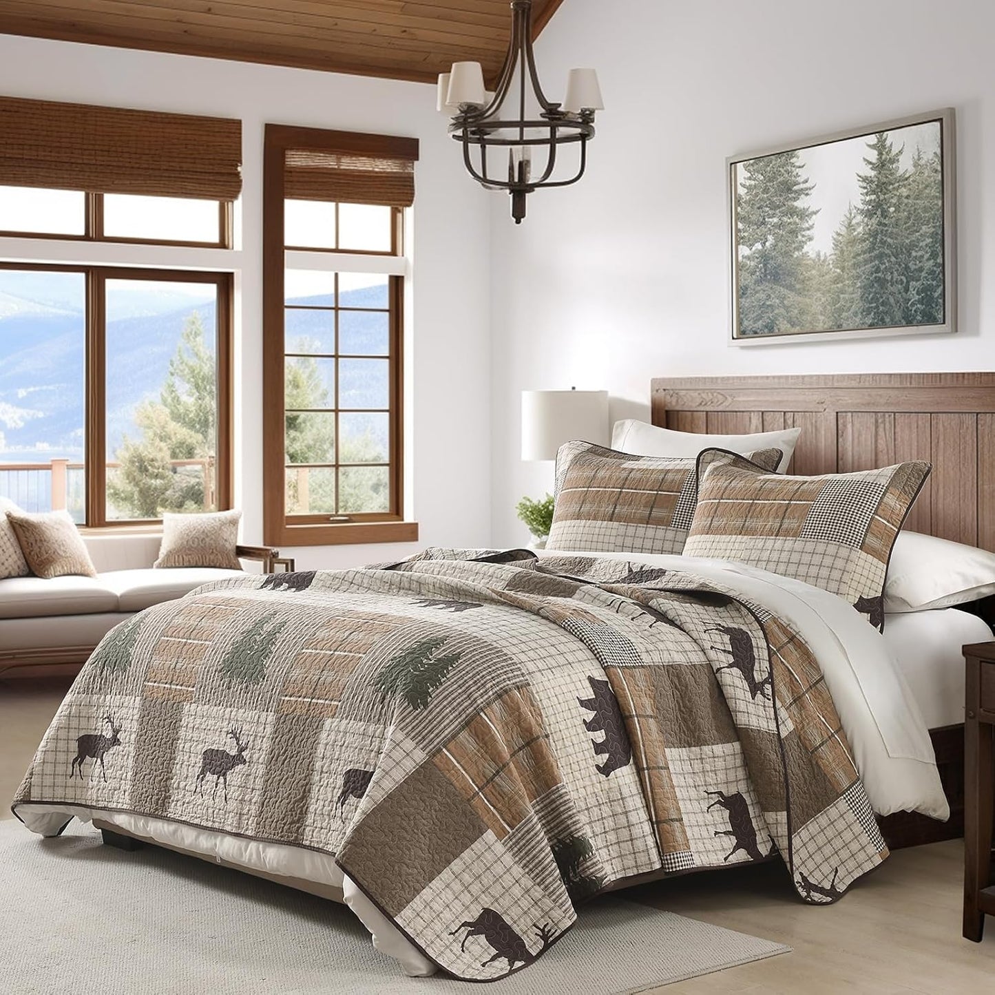 Uniclinens 100% Cotton Quilts Queen Size - Farmhouse Cabin Lodge Bear Deer Tree Quilt Set, Soft Patchwork Plaid Bedspreads Lightweight Quilted Comforter with 2 Pillow Shams, Green/Brown/Cream