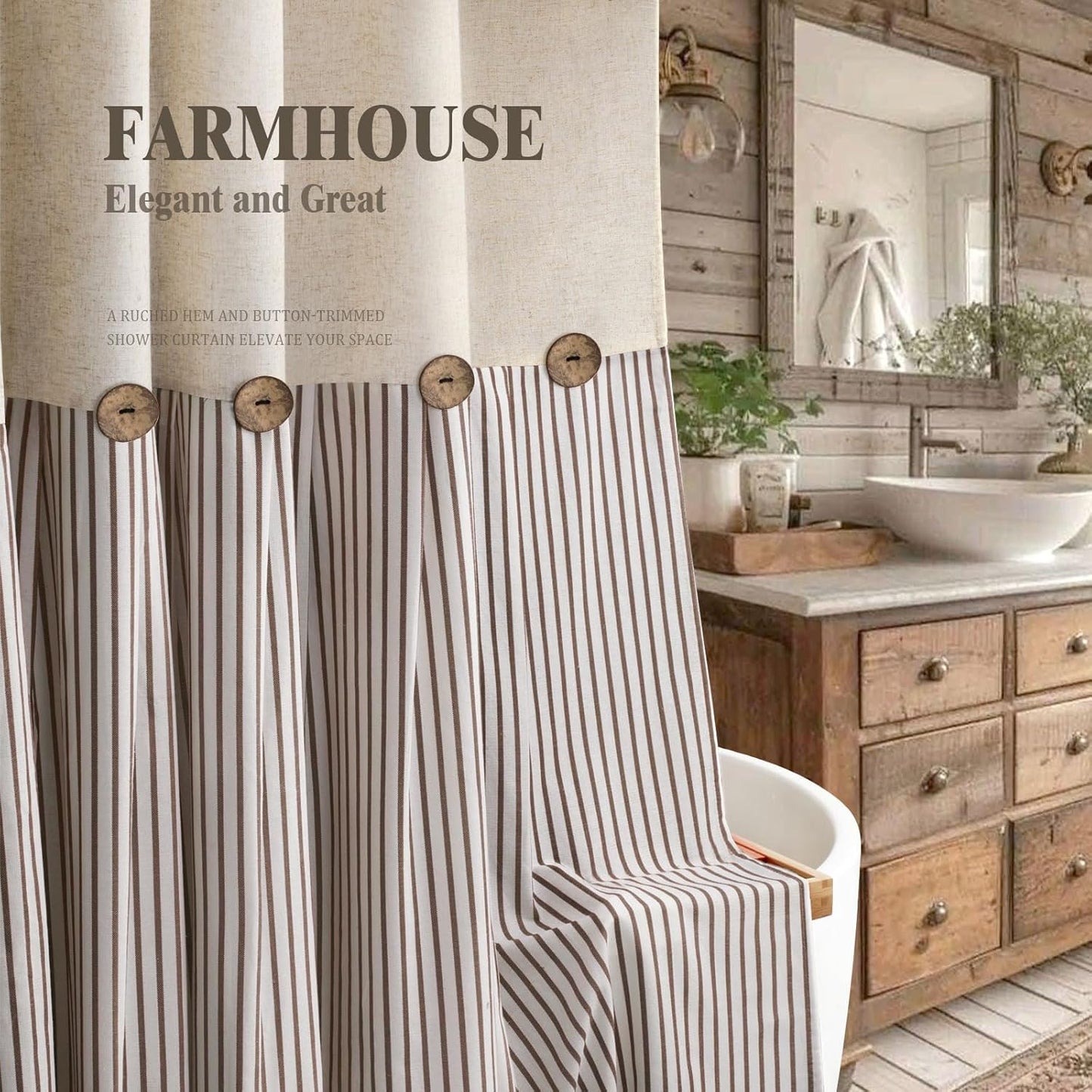 Farmhouse Shower Curtain Linen Beige Button Woven Fabric Country Rustic Western, Pleated Brown Stripe 72" W x 84" L