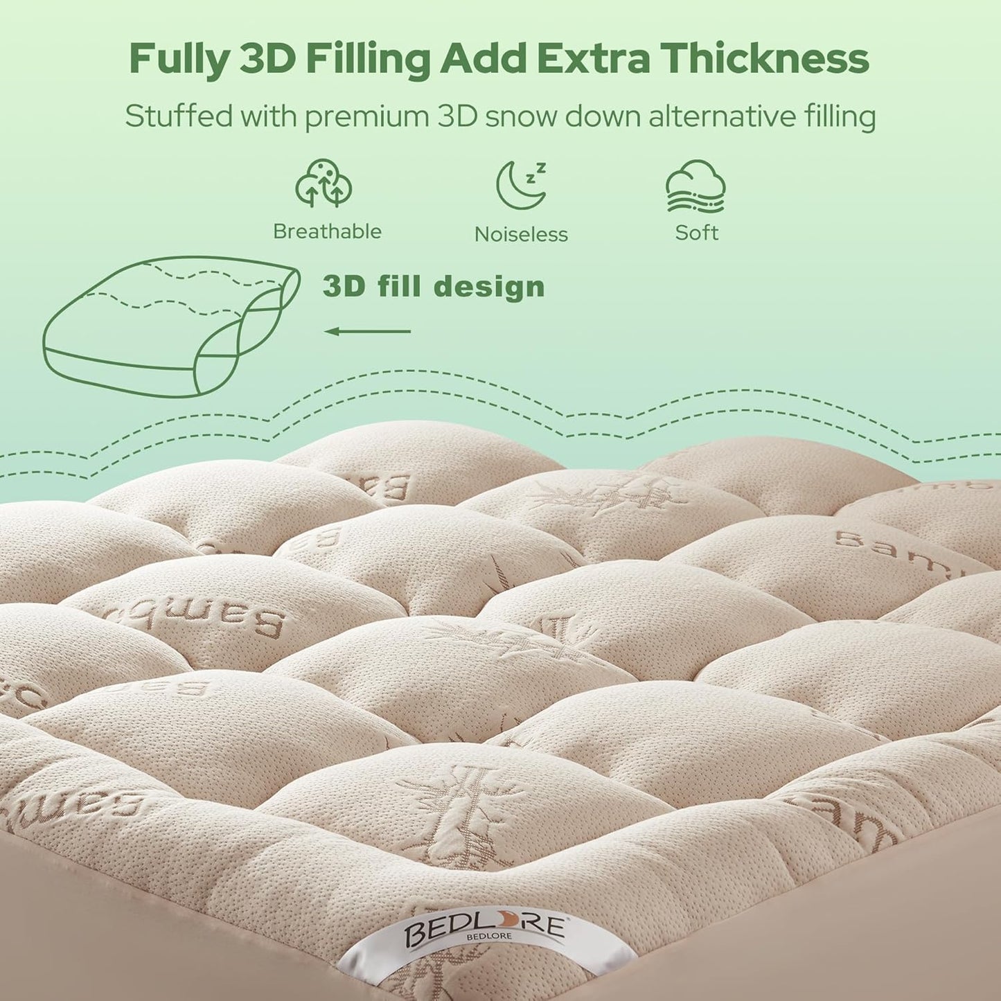 BEDLORE Full Size Mattress Topper Viscose Derived from Bamboo, Thick Pillow Top Mattress Pad with Stretchable Pockets for 6"-15" Mattress, Breathable Mattress Topper for Back Pain Relief(Beige)