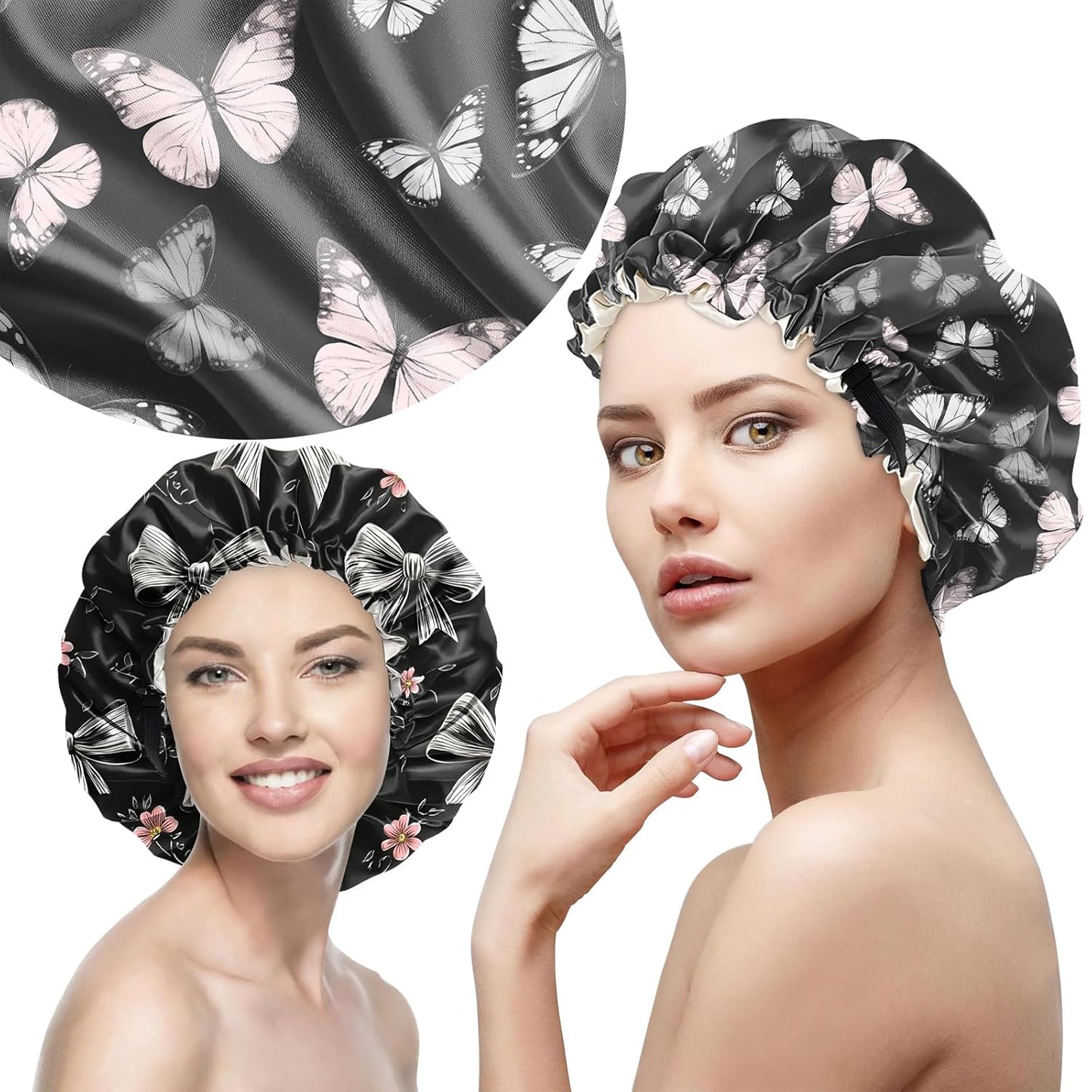 2 PCS Bonnets for Women Girls Satin Hair Bonnet Silk Adjustable Elastic Double Layer Hair Wrap Sleep Cap Comfort Cute-Bowknot Butterfly