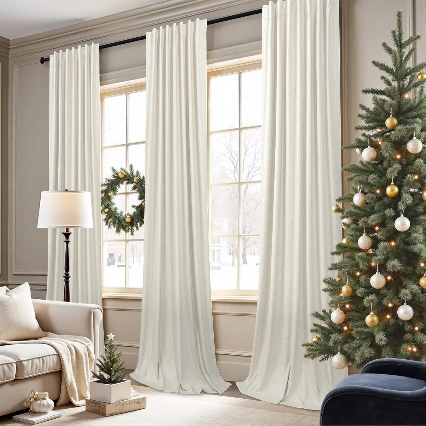 100% Blackout Curtains 84 Inch Length 2 Panels Set Neutral Boho Linen Farmhouse for Bedroom Windows Living Room Darkening Thermal Insulated Drapes Natural Cream Ivory 7ft Long Back Tab Pleated Pocket