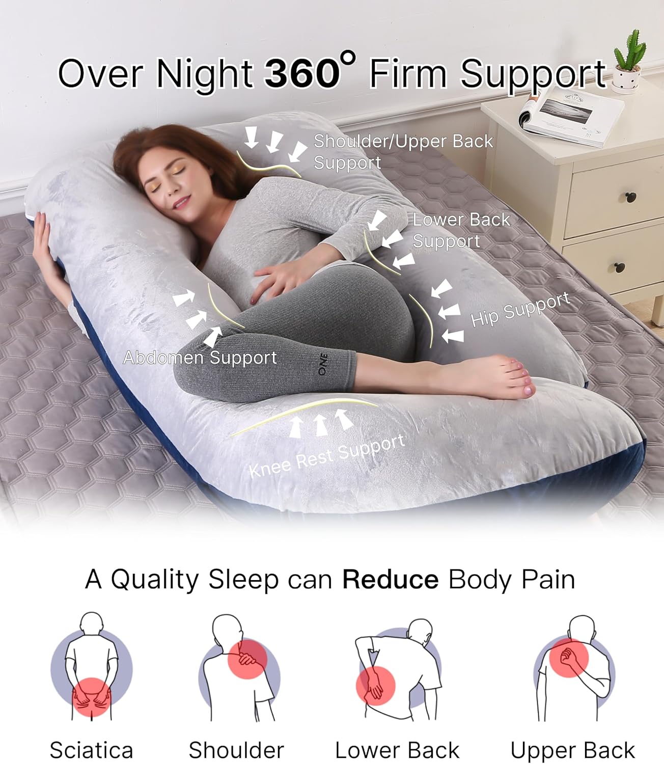 ALLOPERA Pregnancy Pillow, Full Body Maternity Pillow 57 inch, with Removable Washable Cover - Sleep Support for Legs, Back, Neck, Shoulder, HIPS, Belly, Velvet Cover-Grey-Dark Blue