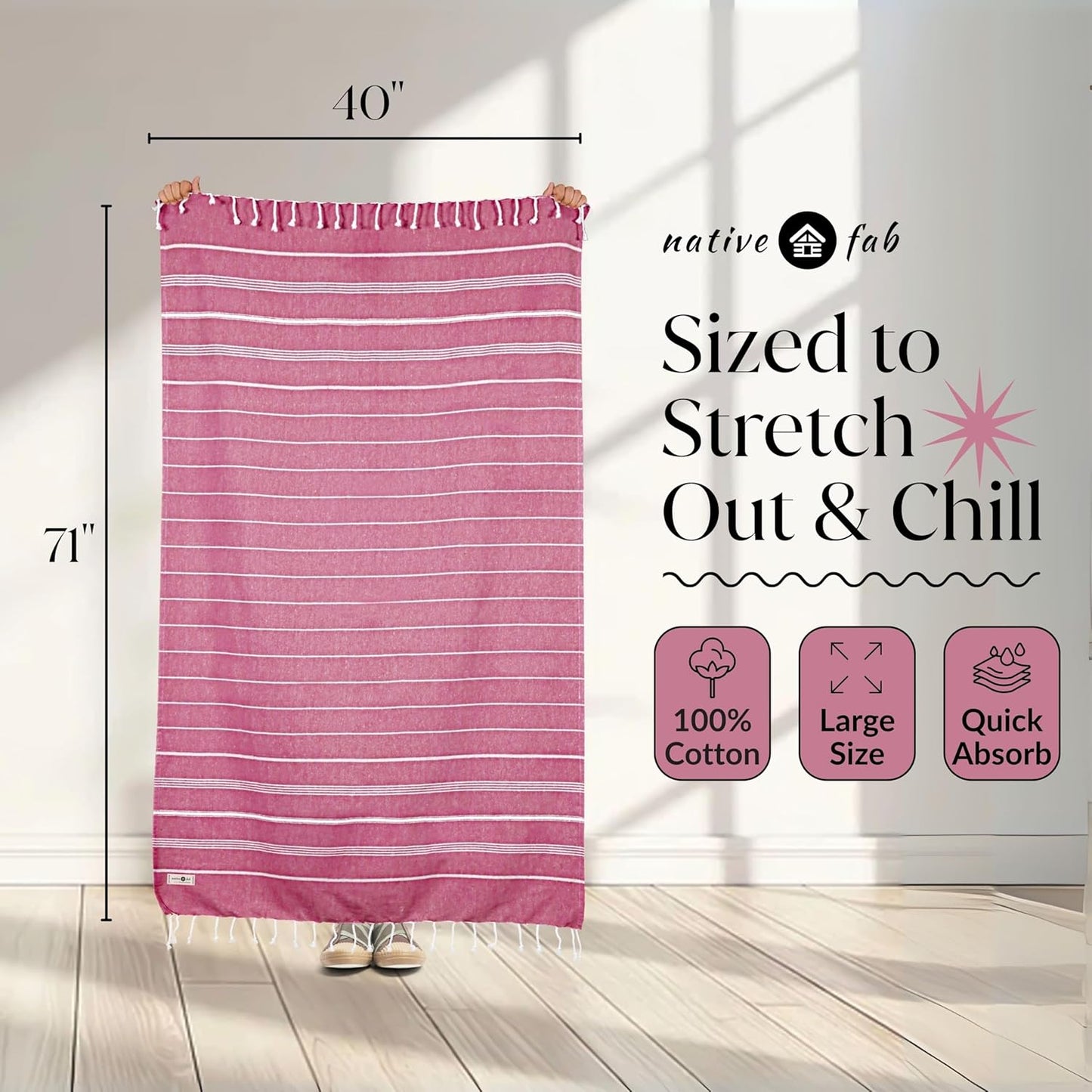 Native Fab Turkish Beach Towels - 6 Oversized Towel (40"x71"), Soft, Lightweight & Absorbent, 100% Cotton, Sand Free, Quick Drying, Ideal for Summer, Pool, Spa, Gym & Outdoors - Multicolor 6 Towels