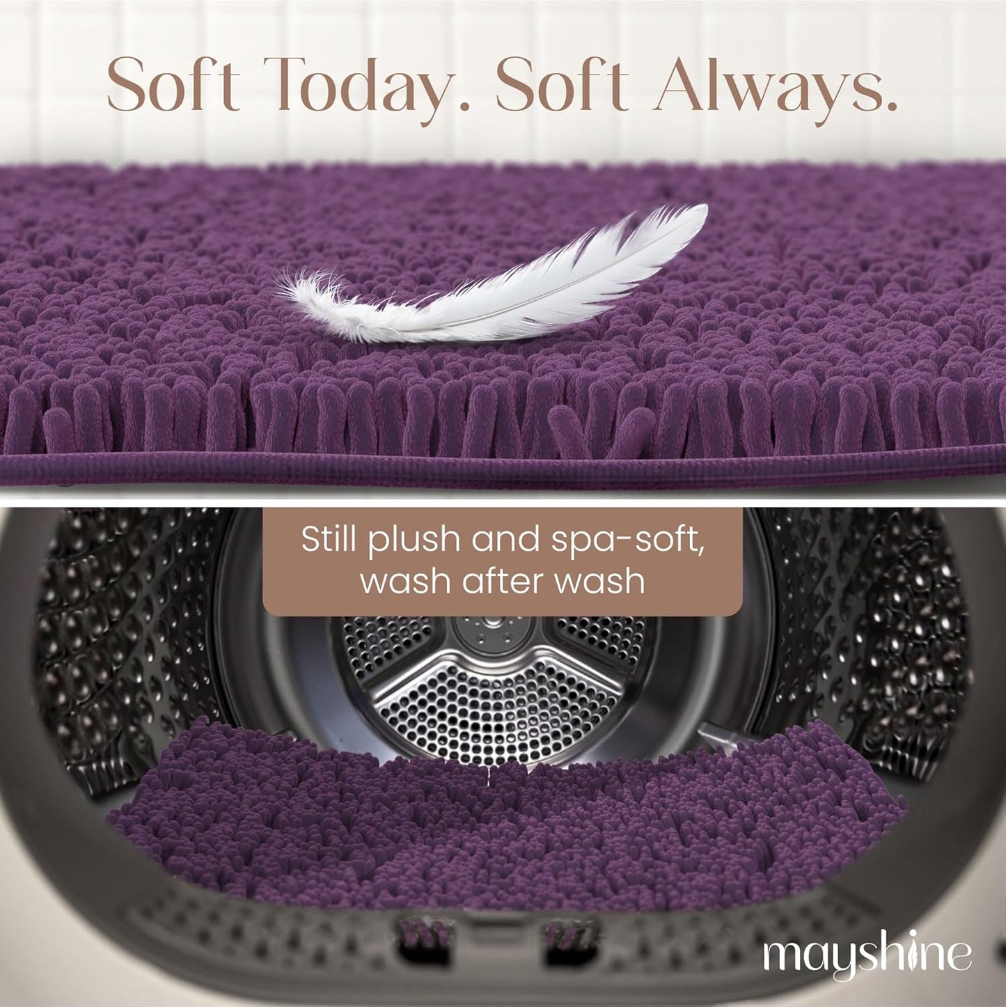 MAYSHINE Plush Shaggy Chenille Bath Mat | Extra Soft, Super Absorbent, Non-Slip Bathroom Rug | Fluffy Microfiber, Area Rug Sets for Bathroom Floor, Kitchen, Living Room | 39"x24" | Plum
