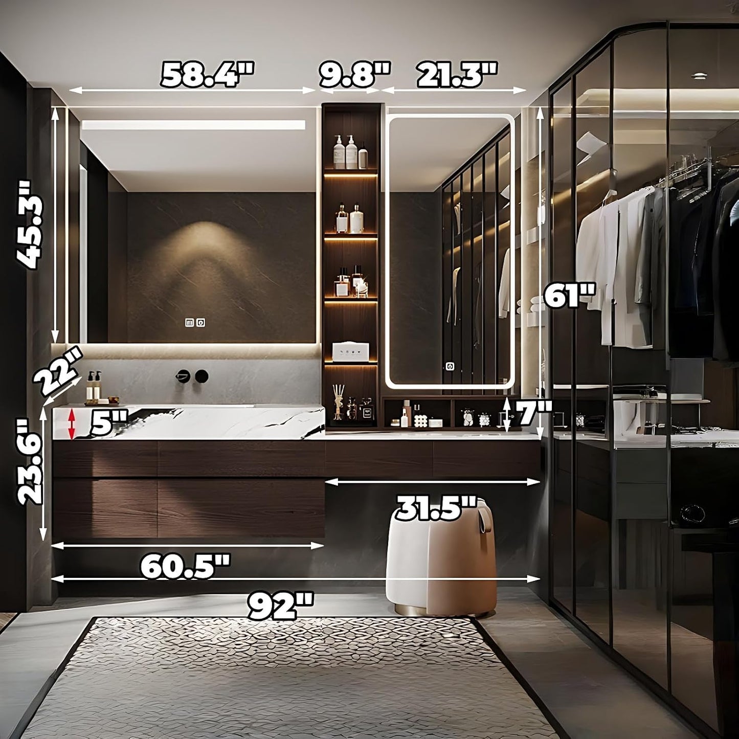 Bathroom Vanity with Sink - Luxury Bathroom Sink Cabinet, Floating Vanity with Smart Defogging Mirror & Storage Drawer, Multi-Layer Solid Wood Panel - Complete Accessories (92")