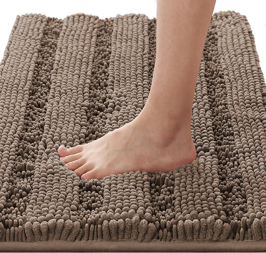 H.VERSAILTEX Bathroom Rugs Bath Rugs for Bathroom Non Slip Bath Mats Extra Thick Chenille Striped Rug 17" x 24" Absorbent Soft Shaggy Washable Dry Fast Bath Mats for Bath Room Floor - Taupe Brown