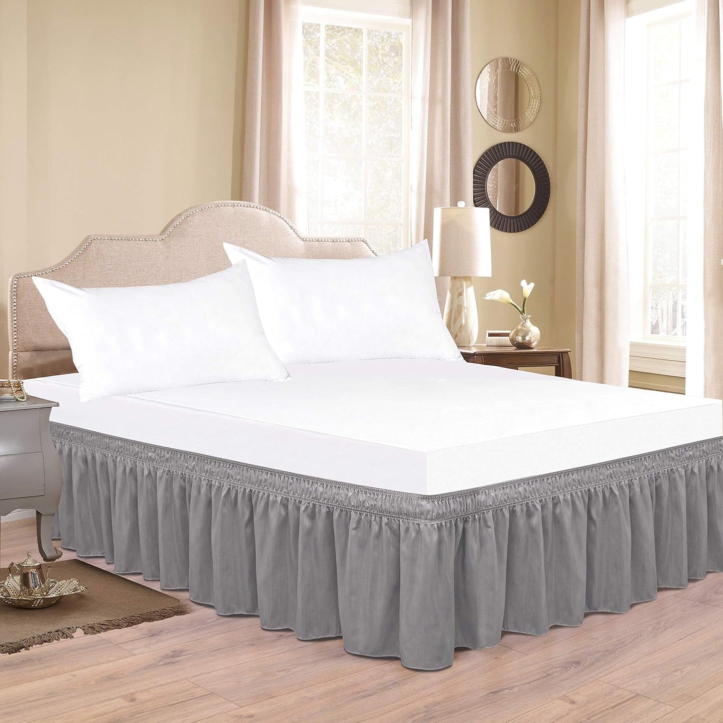Biscaynebay Wrap Around Bed Skirts for Queen Beds Extra Long Drop of 25", Silver Grey Adjustable Elastic Dust Ruffles Easy Fit Wrinkle Resistant Silky Luxurious Fabric Machine Washable
