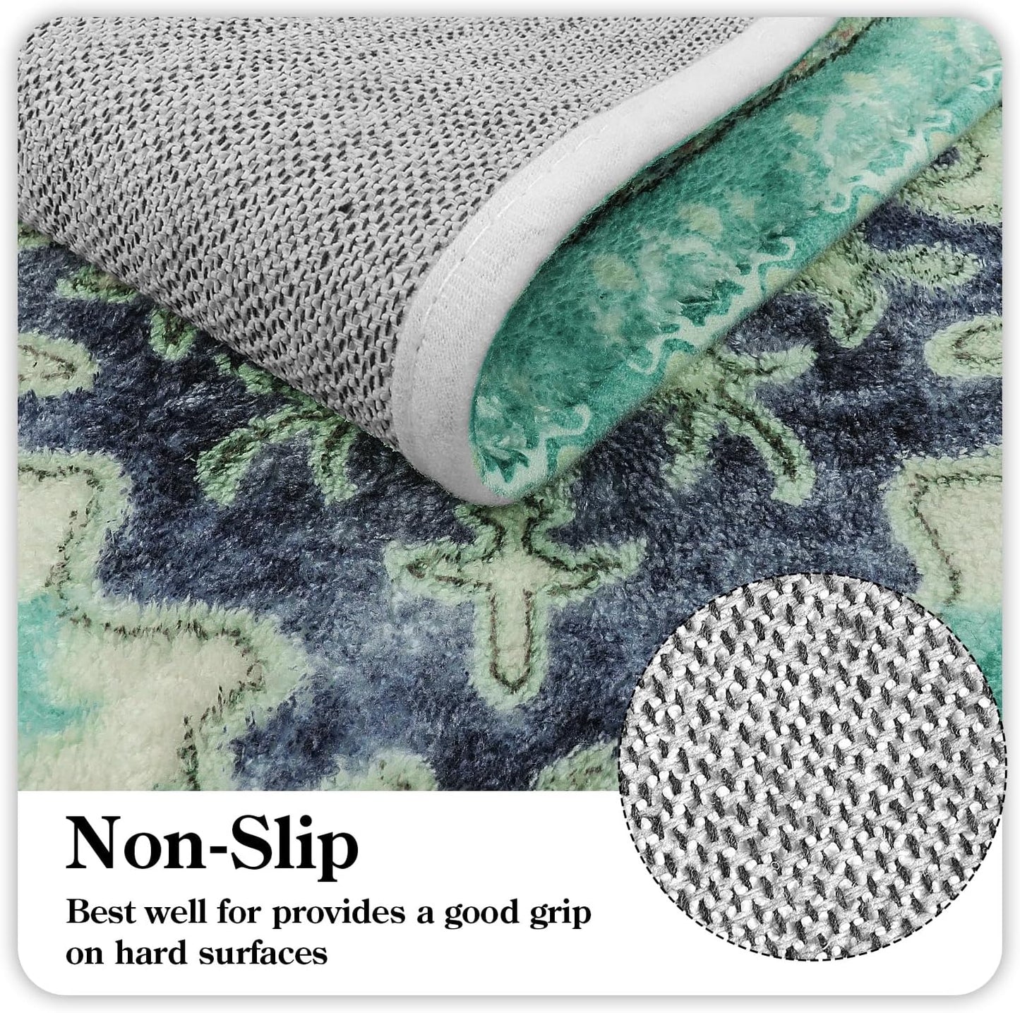 Uphome Boho Vintage Bathroom Rug Green Non-Slip Soft Bath Rug Machine Washable Oriental Bathroom Mat Traditional Farmhouse Floral Floor Mats for Bathtub Shower Entryway, 20x31 inch