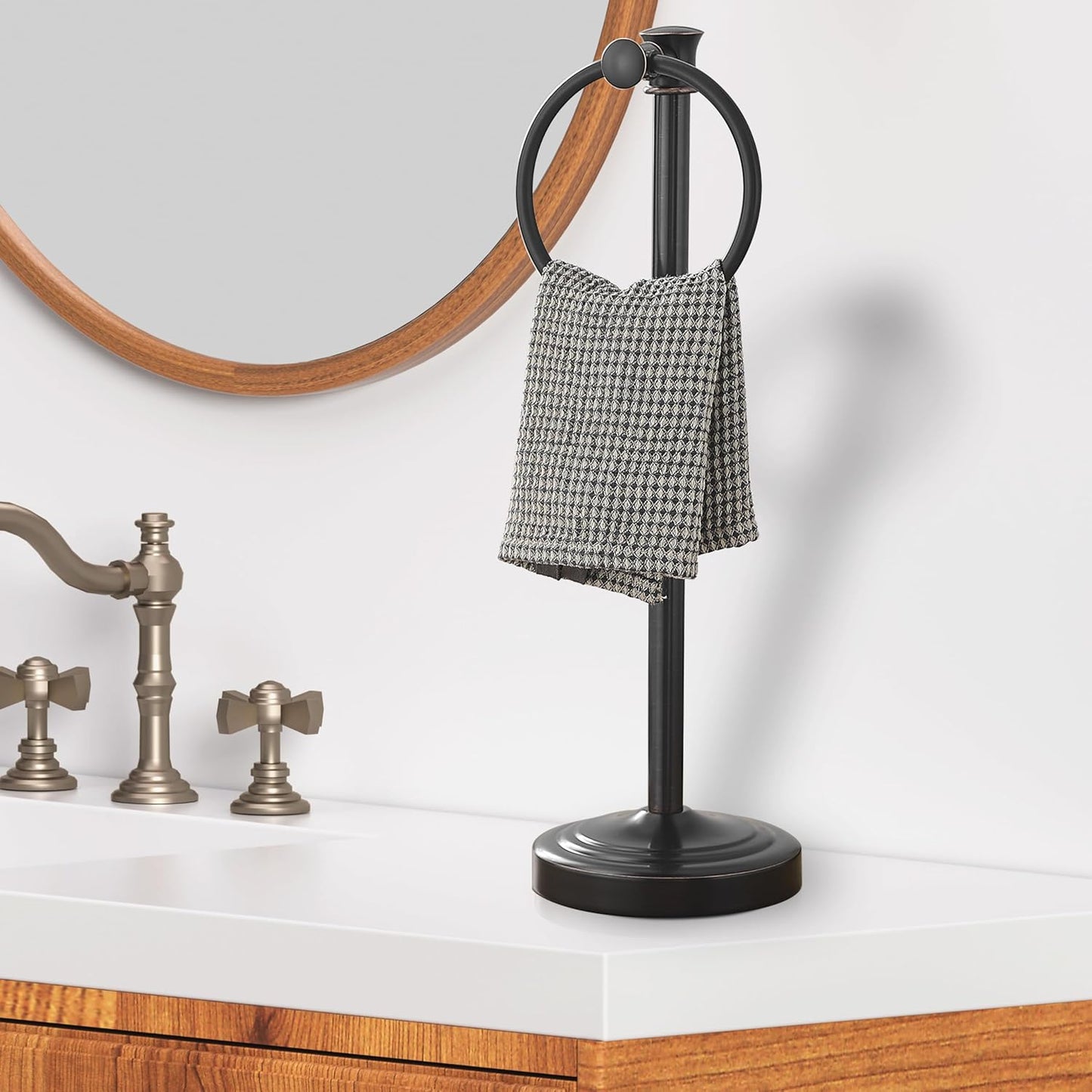 Hoimpro 17 Inch Stand Hand Towel Holder Towel Bar Towel Hanging Ring, Free Standing Floor Hand Towel Rack Storage for Bathroom Kitchen Vanity Countertops, Hardware Accessories(Oil Rubbed Bronze)