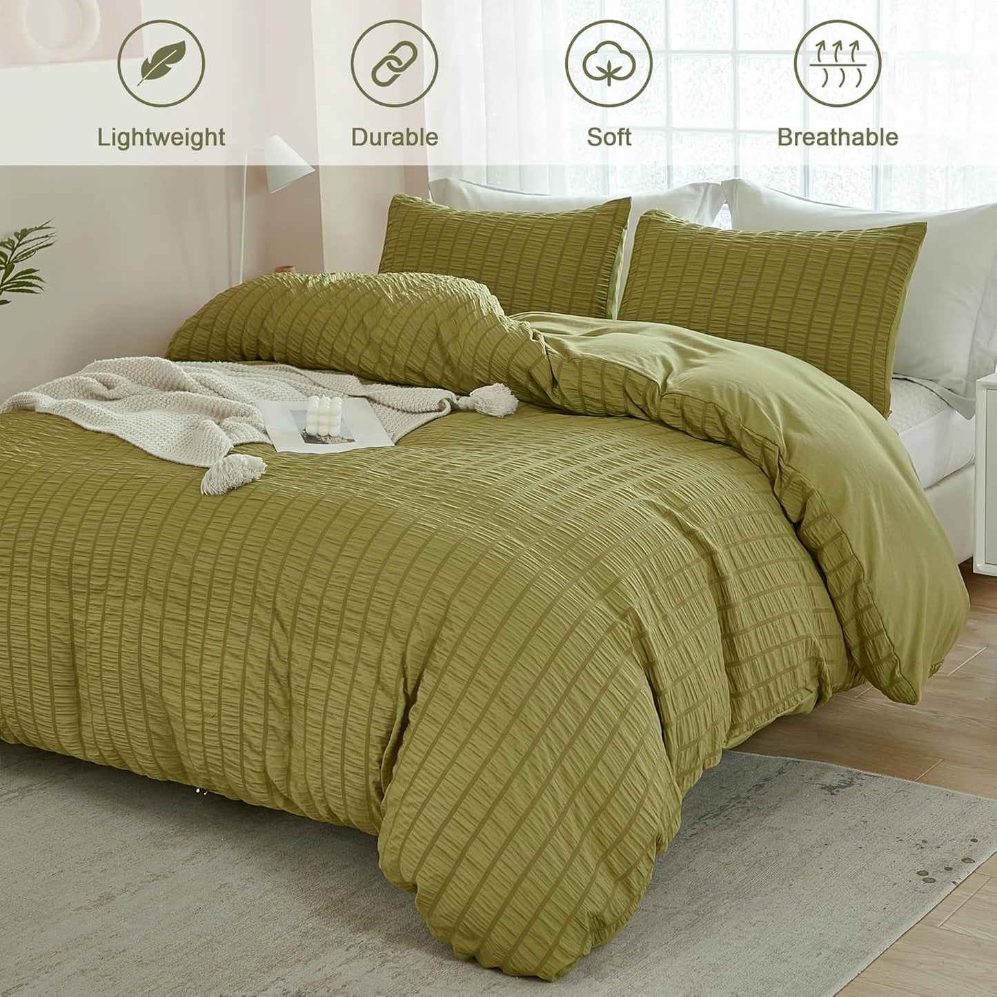 AveLom Olive Green Seersucker Duvet Cover Set Full Size (80 x 90 inches), 3 Pieces (1 Duvet Cover + 2 Pillow Cases), Ultra Soft Washed Microfiber, Textured Duvet Cover with Zipper Closure, Corner Ties
