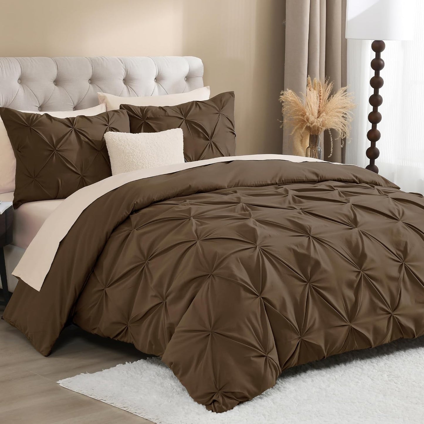 Litanika Brown California King Pinch Pleat Duvet Cover, 3 Pieces Pintuck Cover Soft Microfiber Bedding Set with Zipper Closure & Corner Ties(1 Duvet Cover, 2 Pillowcases)