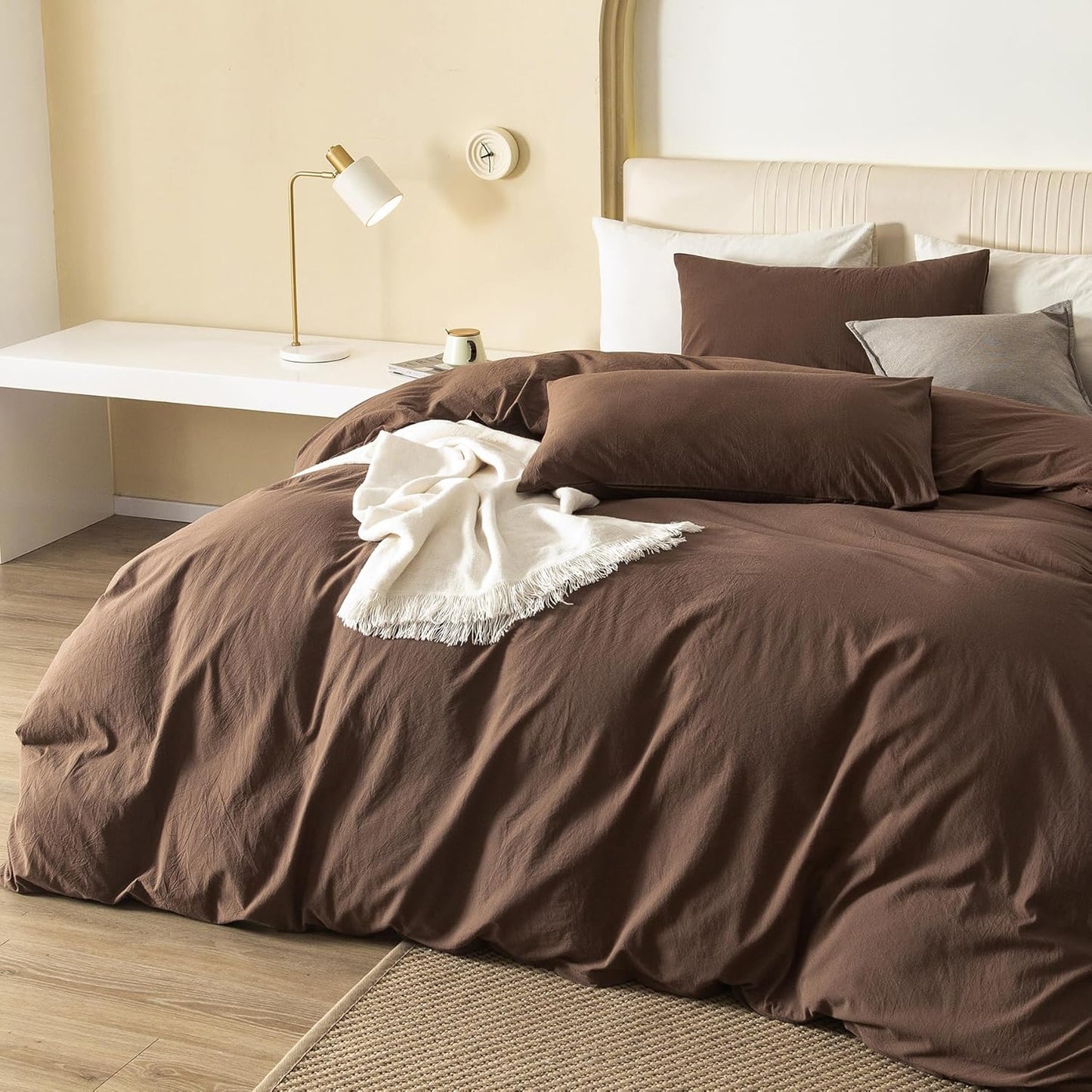 JIYUAN 100% Washed Cotton Duvet Cover Set 3 PCS Oversized King Plus, 1 Duvet Cover 128"x120"(Comforter Not Included) and 2 Pillowcases,Linen Feel Bedding Set Comfy and Breathable,Chocolate Brown
