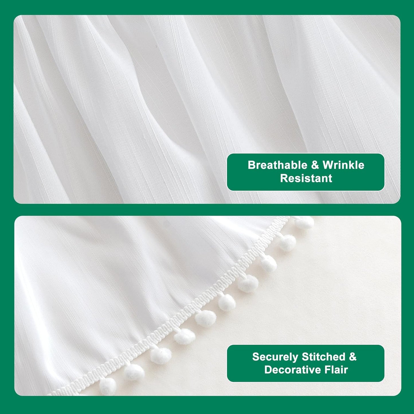 Biscaynebay Queen Bed Skirt 15 inch Drop-White Dust Ruffle Bedskirt with Pompoms-Wrap Around Bed Skirting Easy Fit Elastic Strap-Silky Luxurious Fabric Wrinkle Free-for Women Men Kids