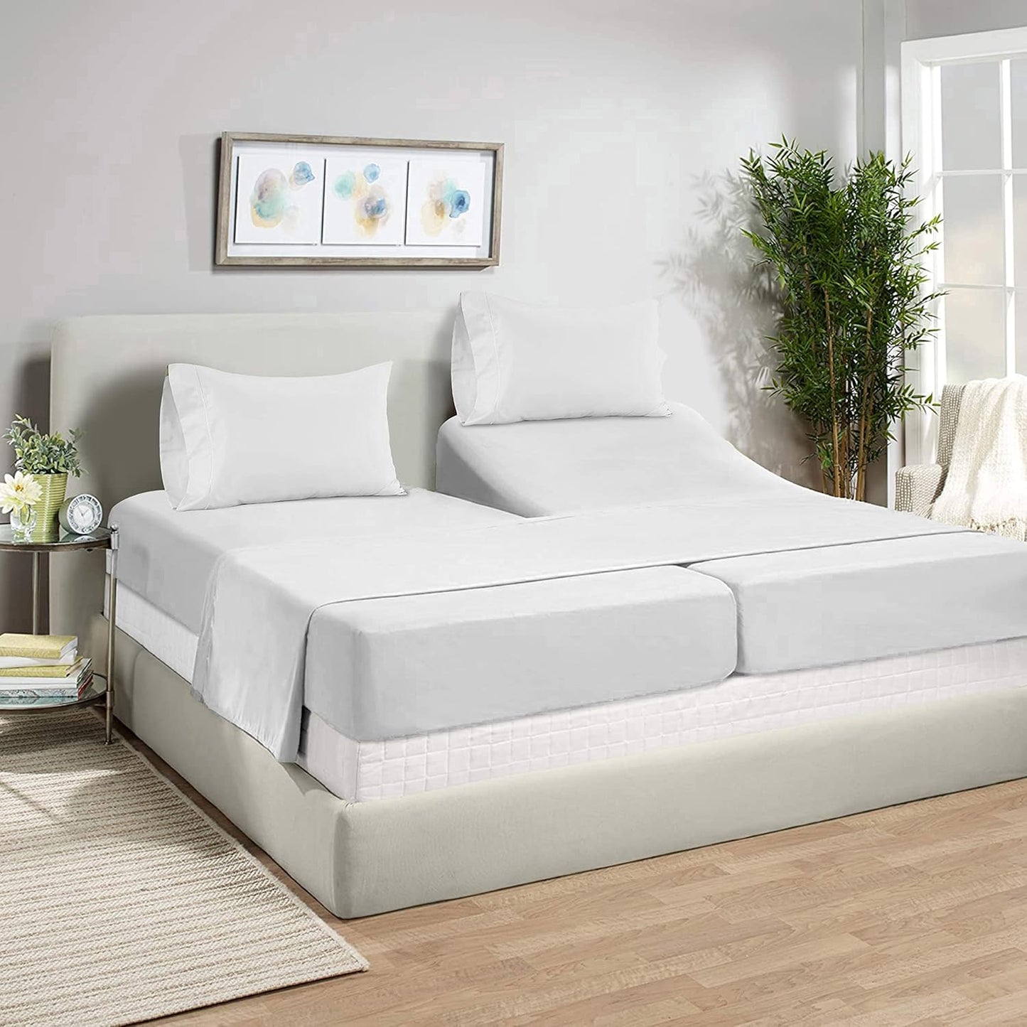 LANE LINEN Split King Sheets Set – 450 Thread Count 100% Cotton Bed Sheets, Soft Sateen Weave, Cooling & Breathable, 15” Deep Pocket Fully Elasticized Fitted Sheet, Luxury Hotel Bedding, White