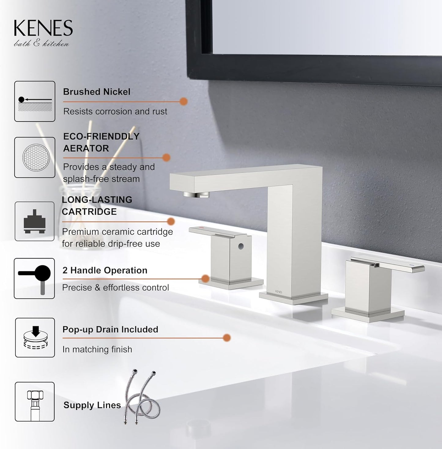 KENES Brushed Nickel Widespread Bathroom Faucet 2 Handle Bathroom Sink Faucet 3 Hole, 8-Inch 3 Pieces Vanity Faucet with Pop Up Drain & Supply Lines, KE-9050-P