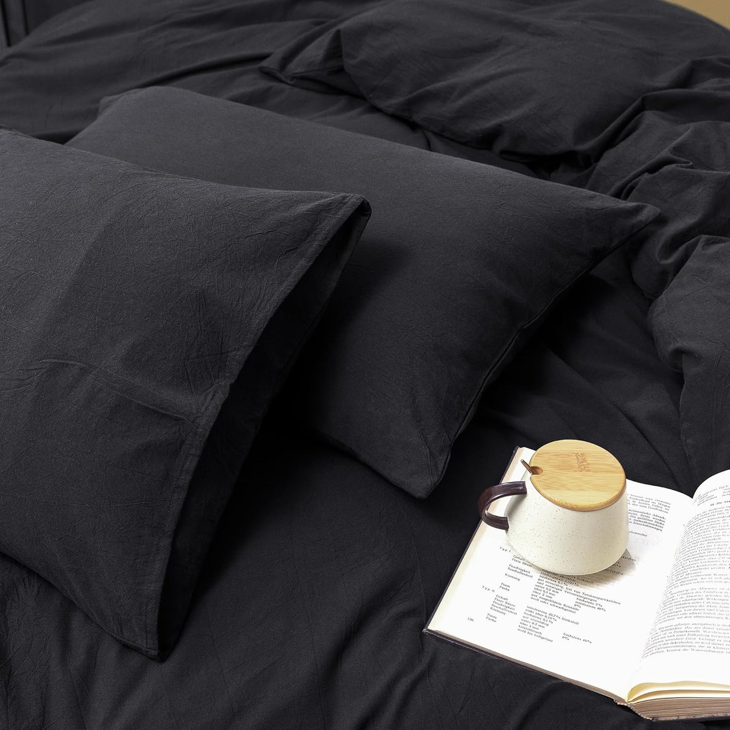 FOSSA Duvet Cover Set 100% Washed Cotton Linen Feel Super Soft Breathable Cozy 3 Pieces Bedding Sets Solid Black Oversized Queen